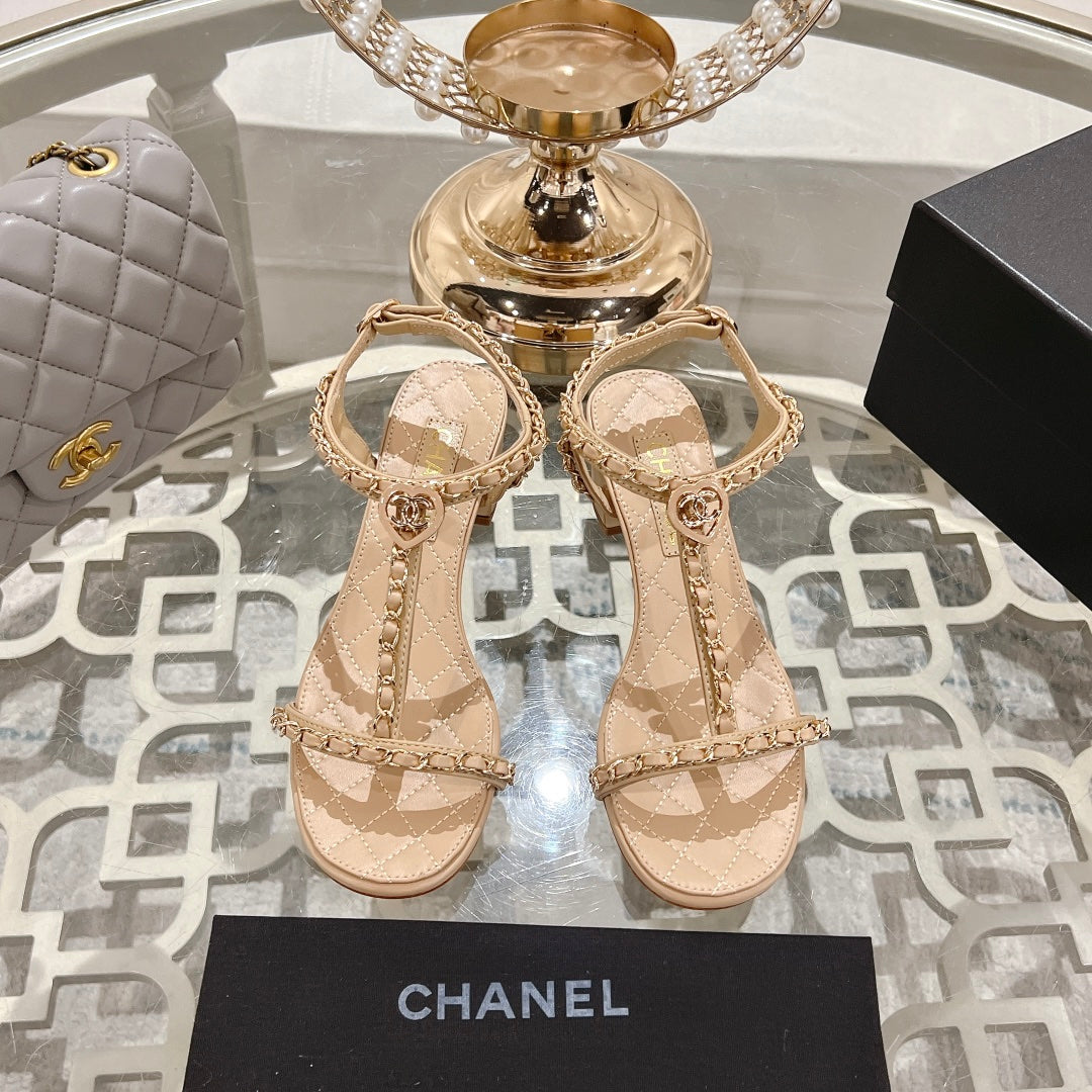 CC 26s Chain T-Strap Charm Sandals 5cm Beige Lambskin 736114