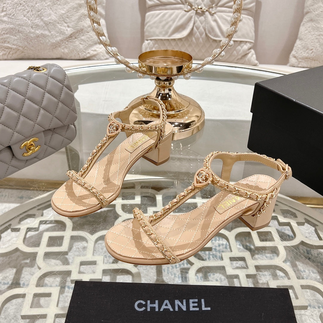 CC 26s Chain T-Strap Charm Sandals 5cm Beige Lambskin 736114