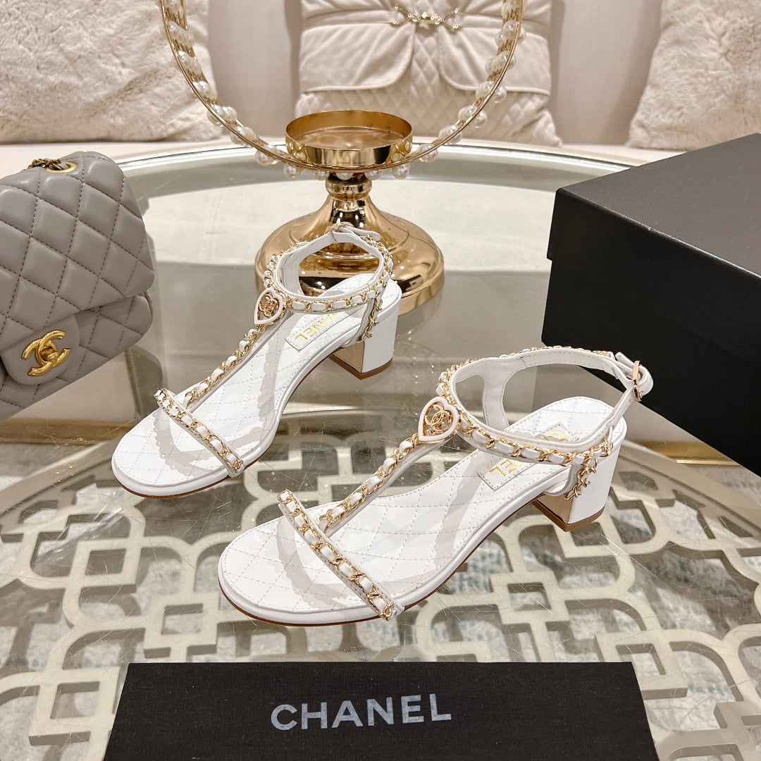 CC 26s Chain T-Strap Charm Sandals 5cm White Lambskin 736115