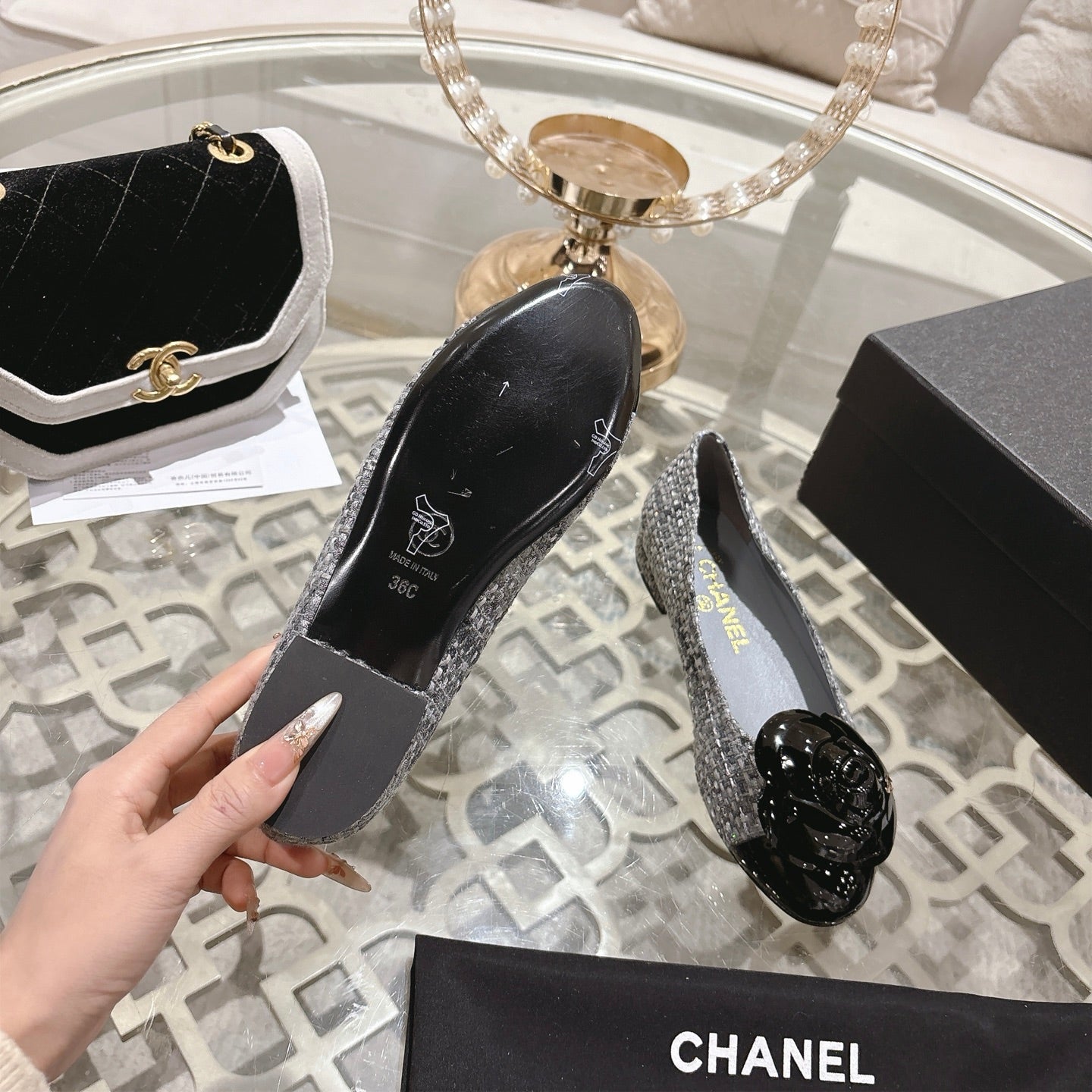 CC 26s Camellia Ballet Flat Grey Leather Tweed 736495