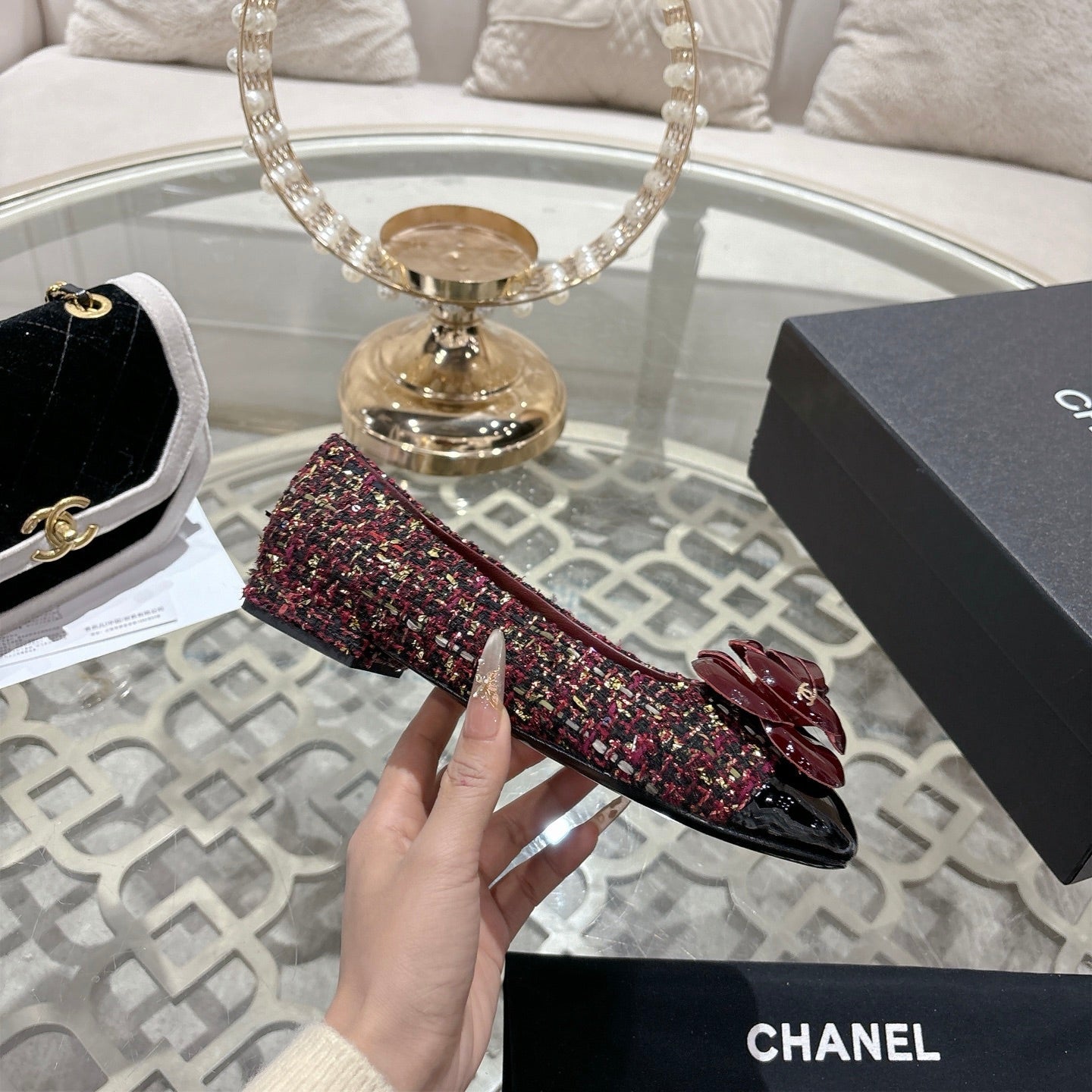 CC 26s Camellia Ballet Flat Burgundy Leather Tweed 736497