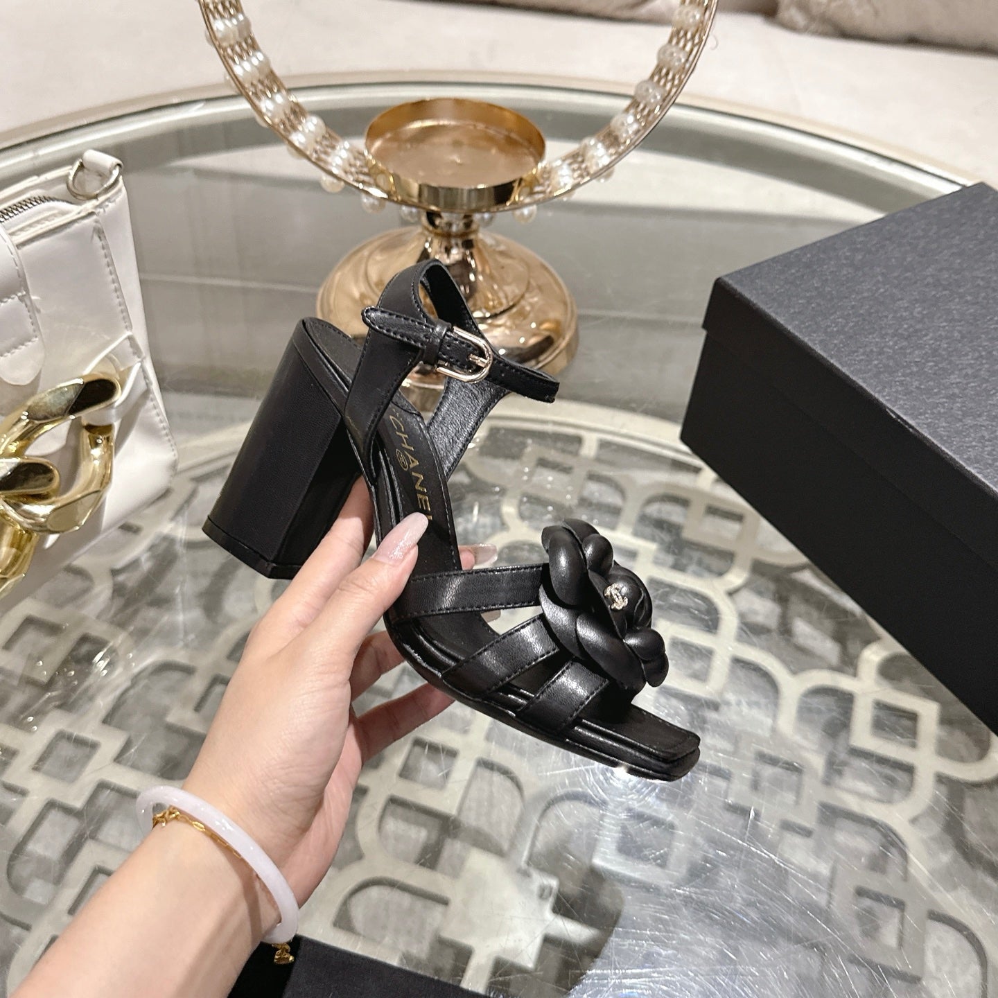CC Camellia Flower Block Heel Sandals Black Sheepskin 735986