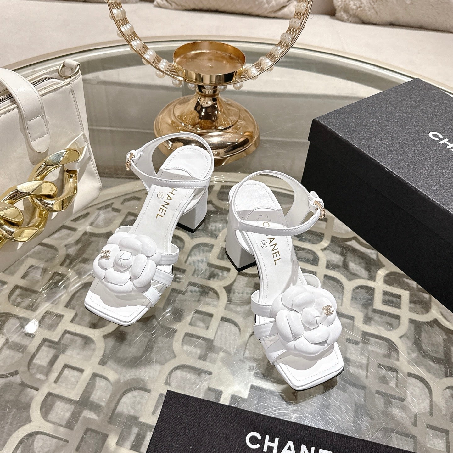 CC Camellia Flower Block Heel Sandals White Sheepskin 735989