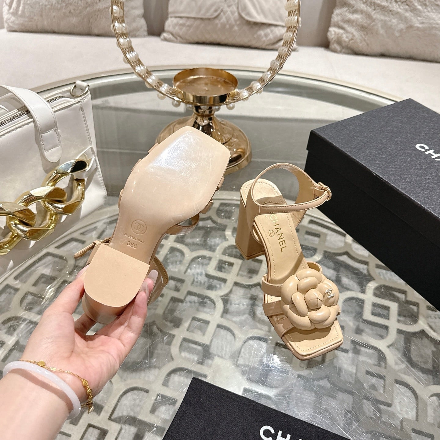 CC Camellia Flower Block Heel Sandals Beige Sheepskin 735990