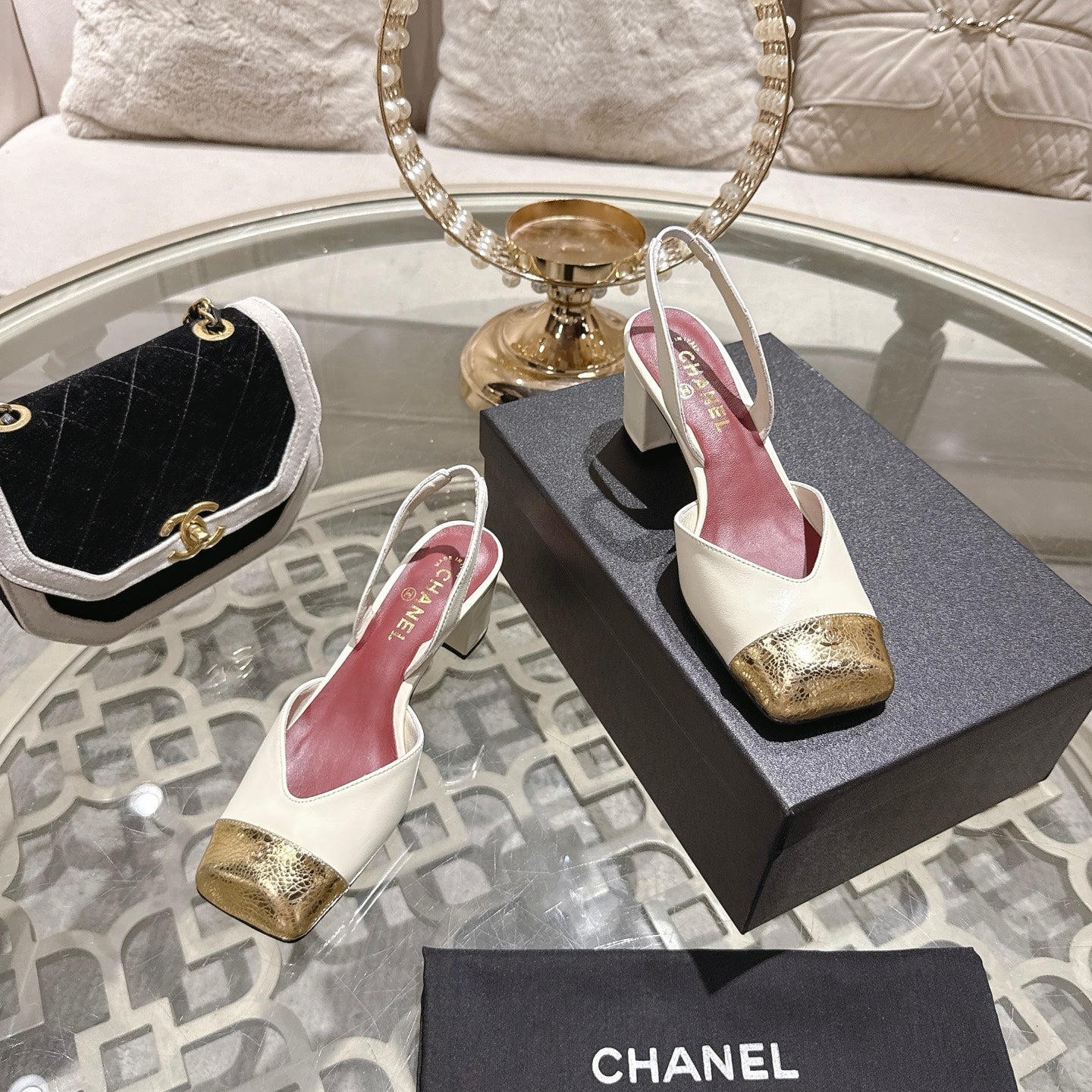 CC 26s Square-Toe High-Heeled Slingbacks 6cm Gold White Leather 736101