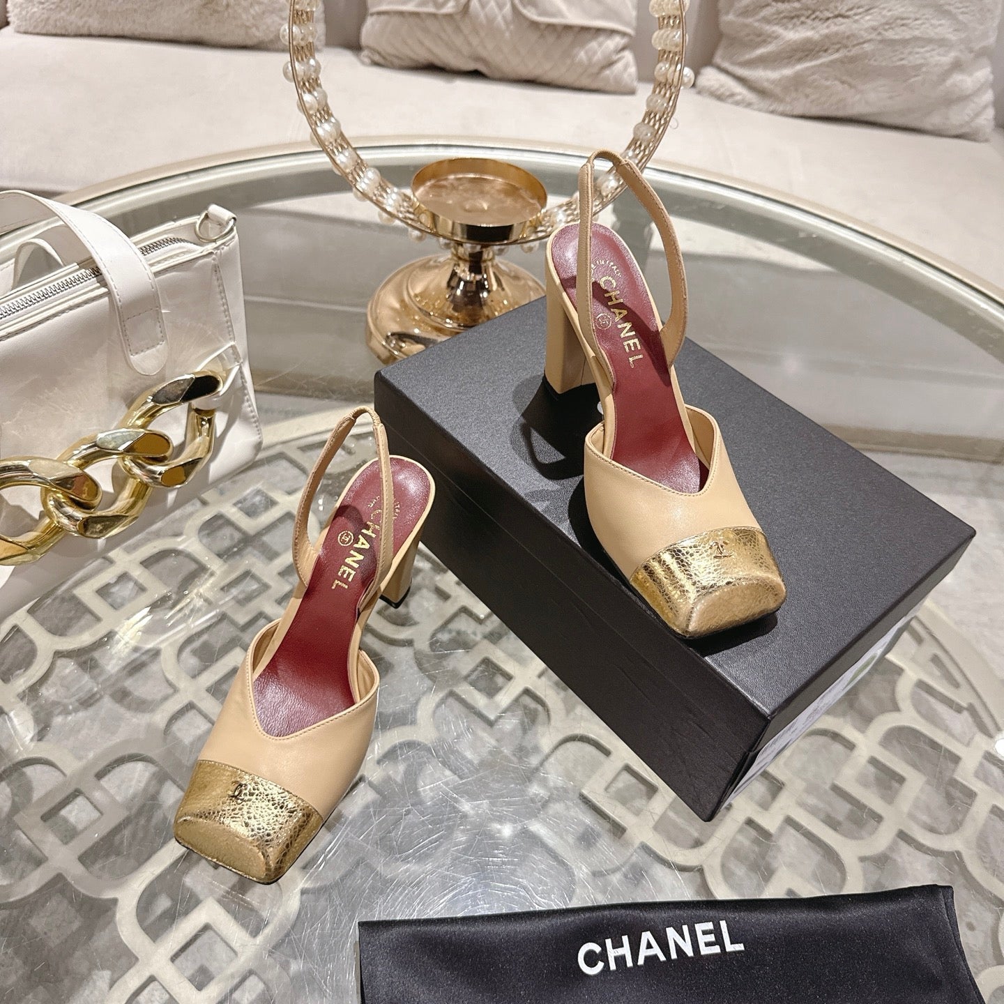 CC 26s Square-Toe High-Heeled Slingbacks 9cm Beige Gold Leather 736111
