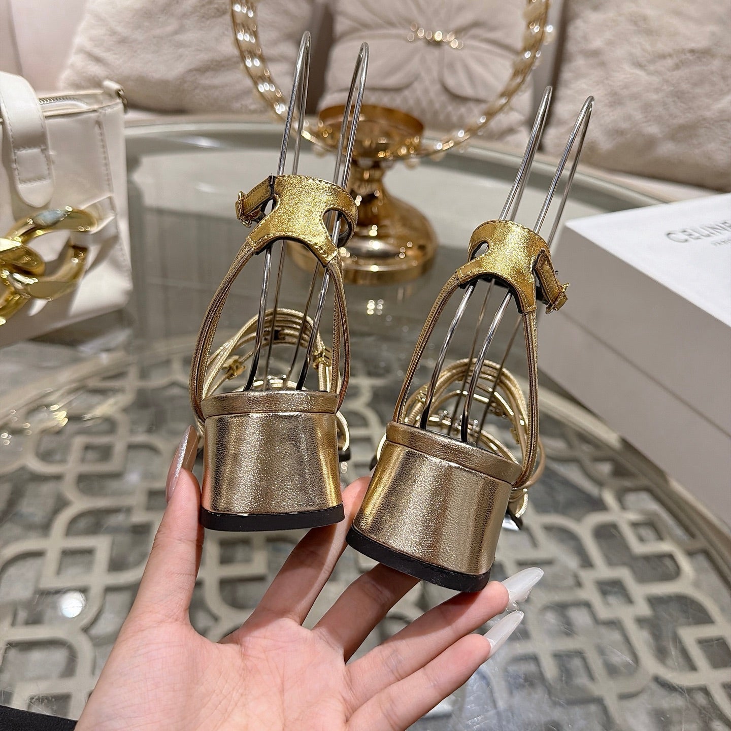 Celine Clémence Heeled Sandal 4cm Gold Sheepskin 941491