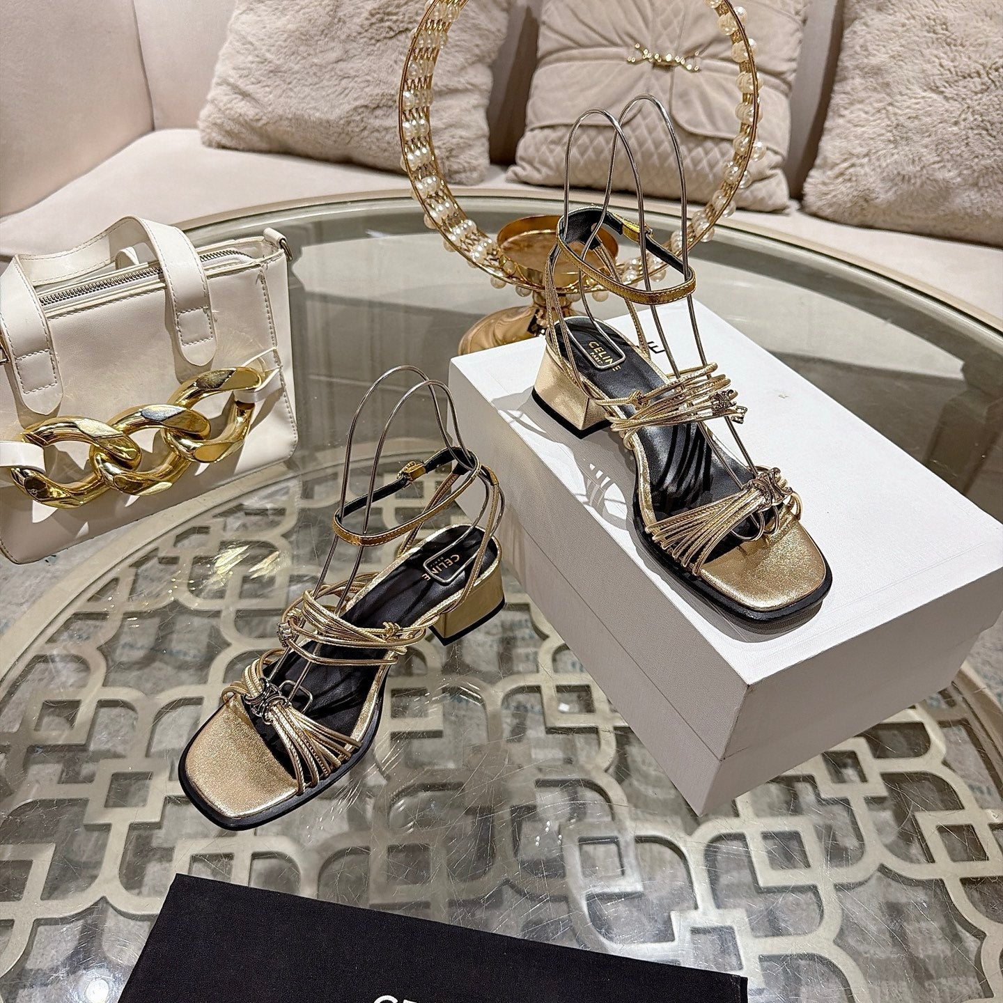 Celine Clémence Heeled Sandal 4cm Gold Sheepskin 941491