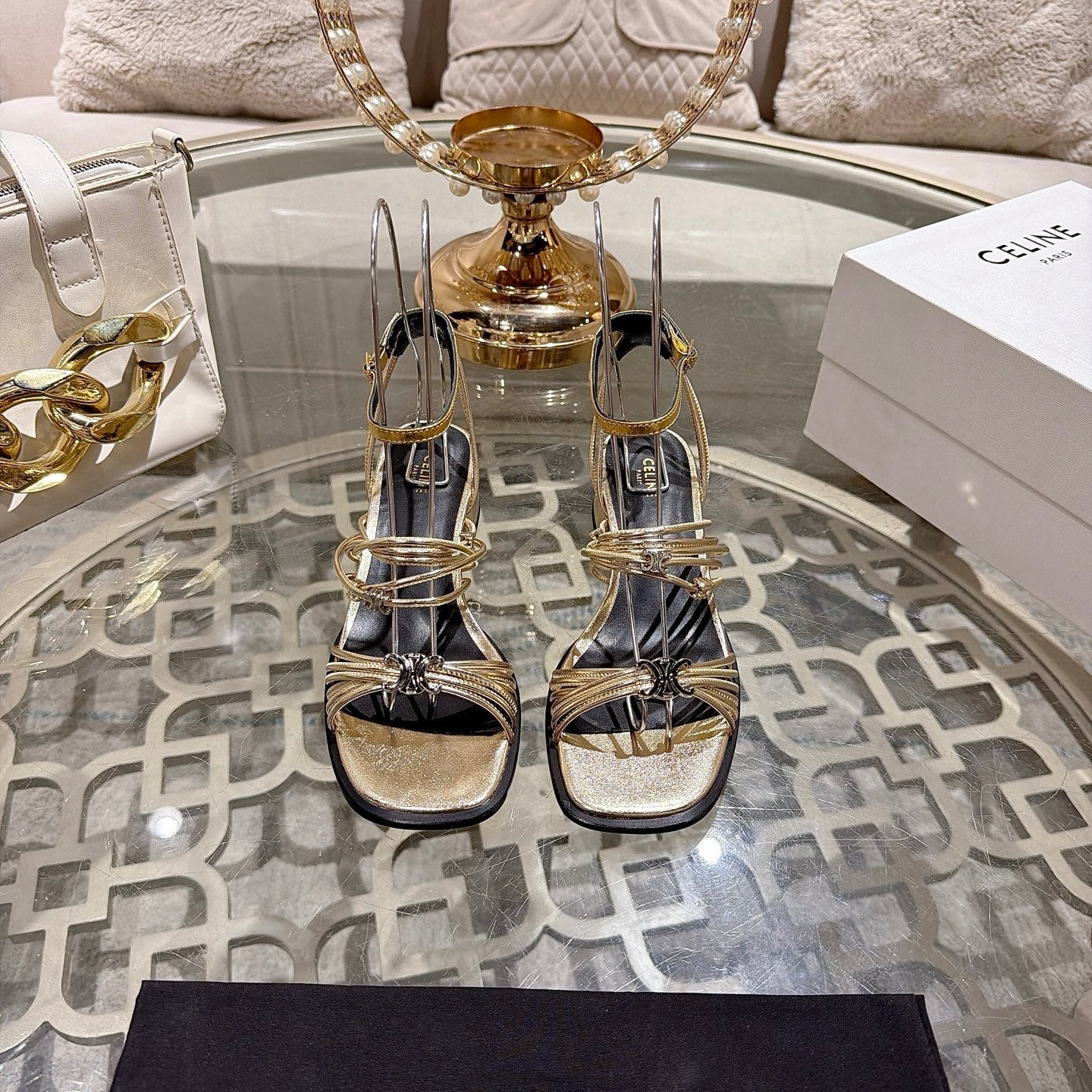 Celine Clémence Heeled Sandal 4cm Gold Sheepskin 941491