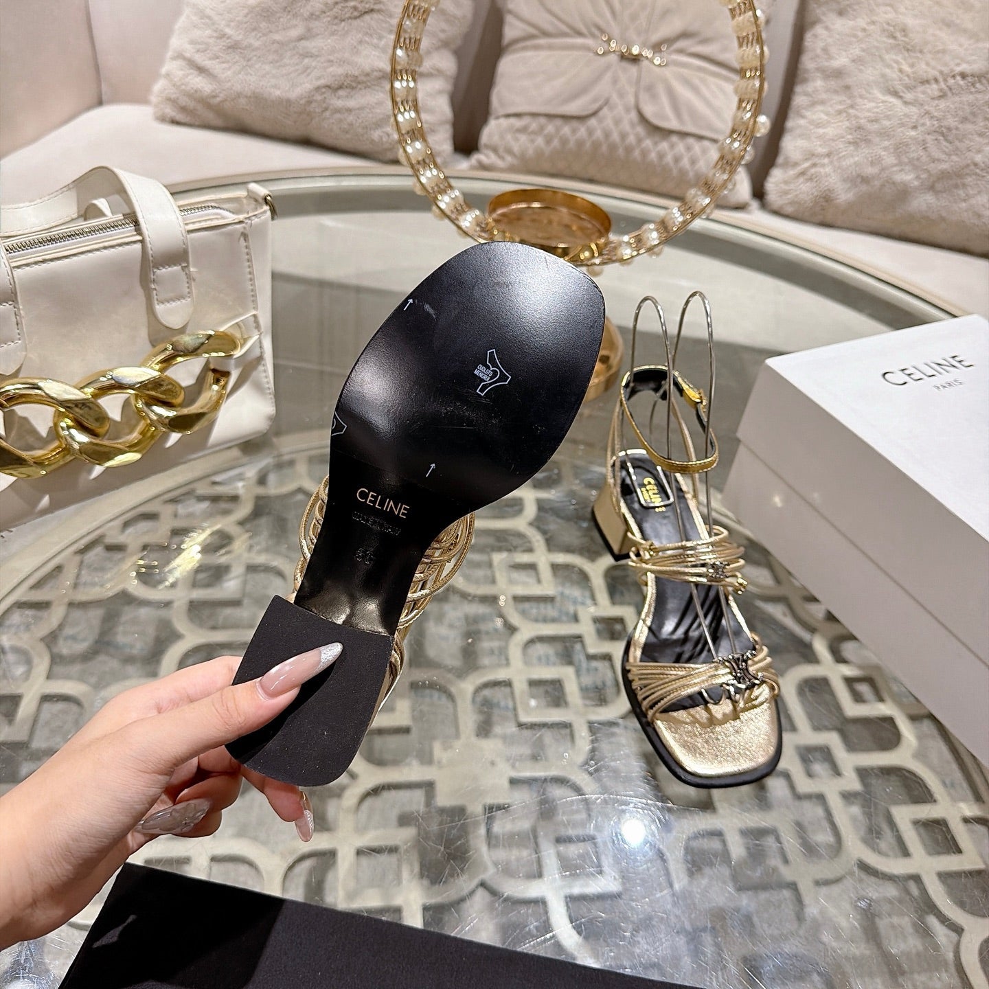 Celine Clémence Heeled Sandal 4cm Gold Sheepskin 941491