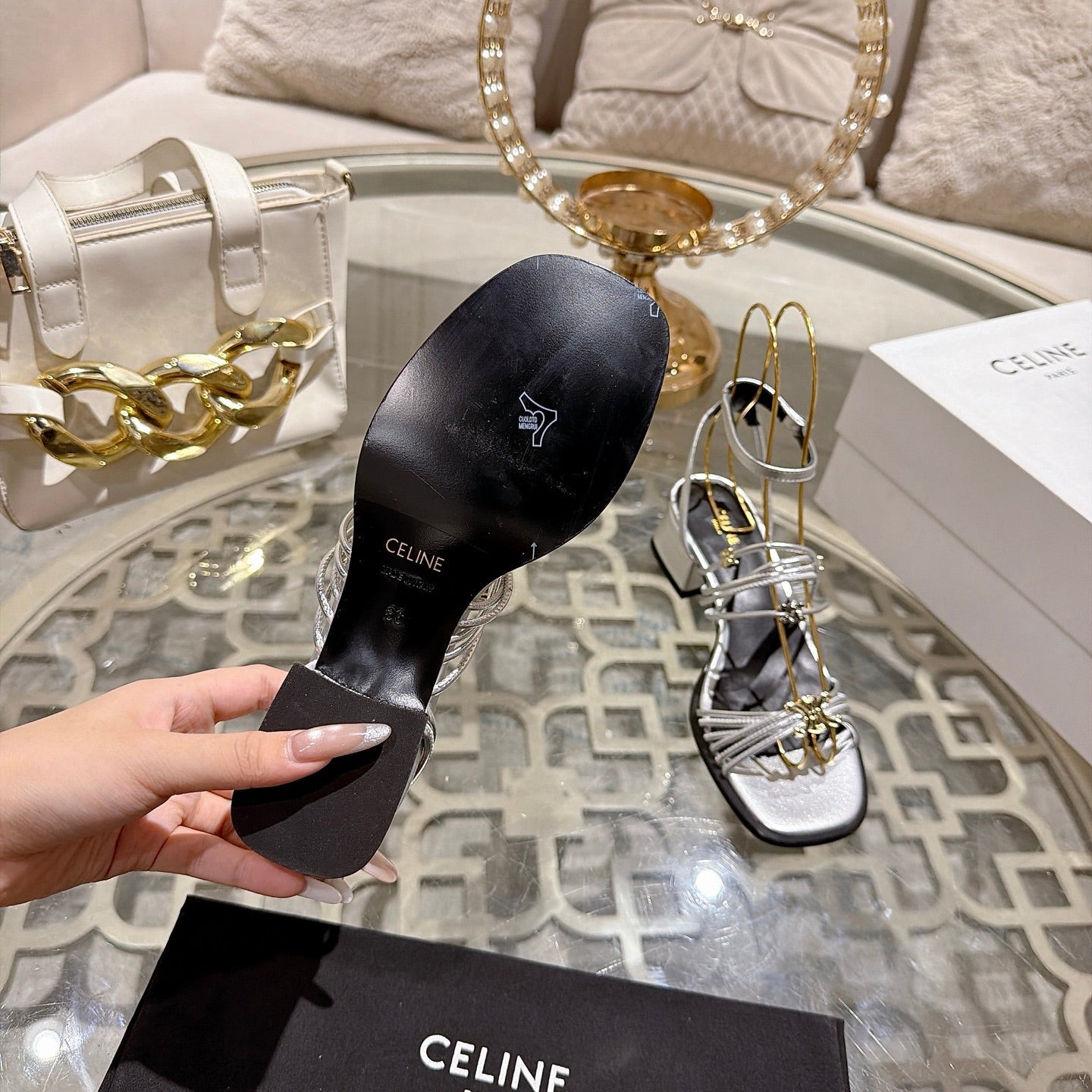 Celine Clémence Heeled Sandal 4cm Sliver Sheepskin 941492