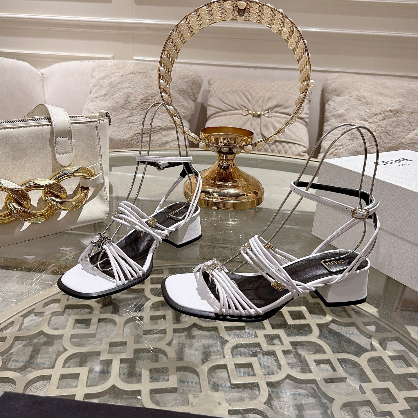 Celine Clémence Heeled Sandal 4cm White Sheepskin 941493