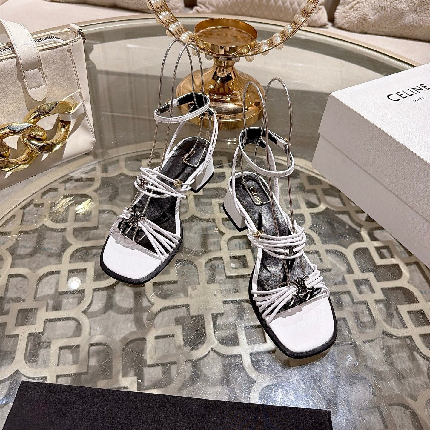 Celine Clémence Heeled Sandal 4cm White Sheepskin 941493