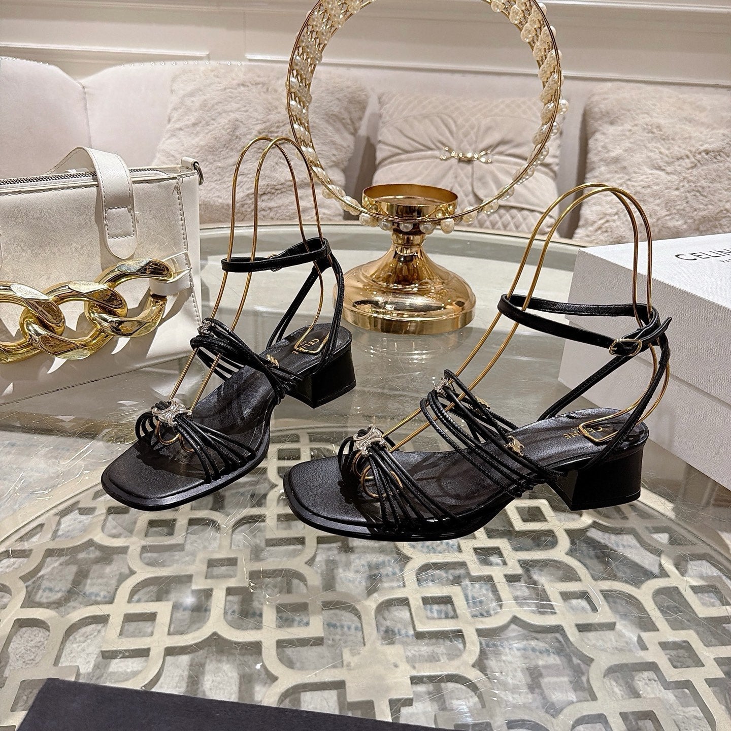 Celine Clémence Heeled Sandal 4cm Black Sheepskin 941494