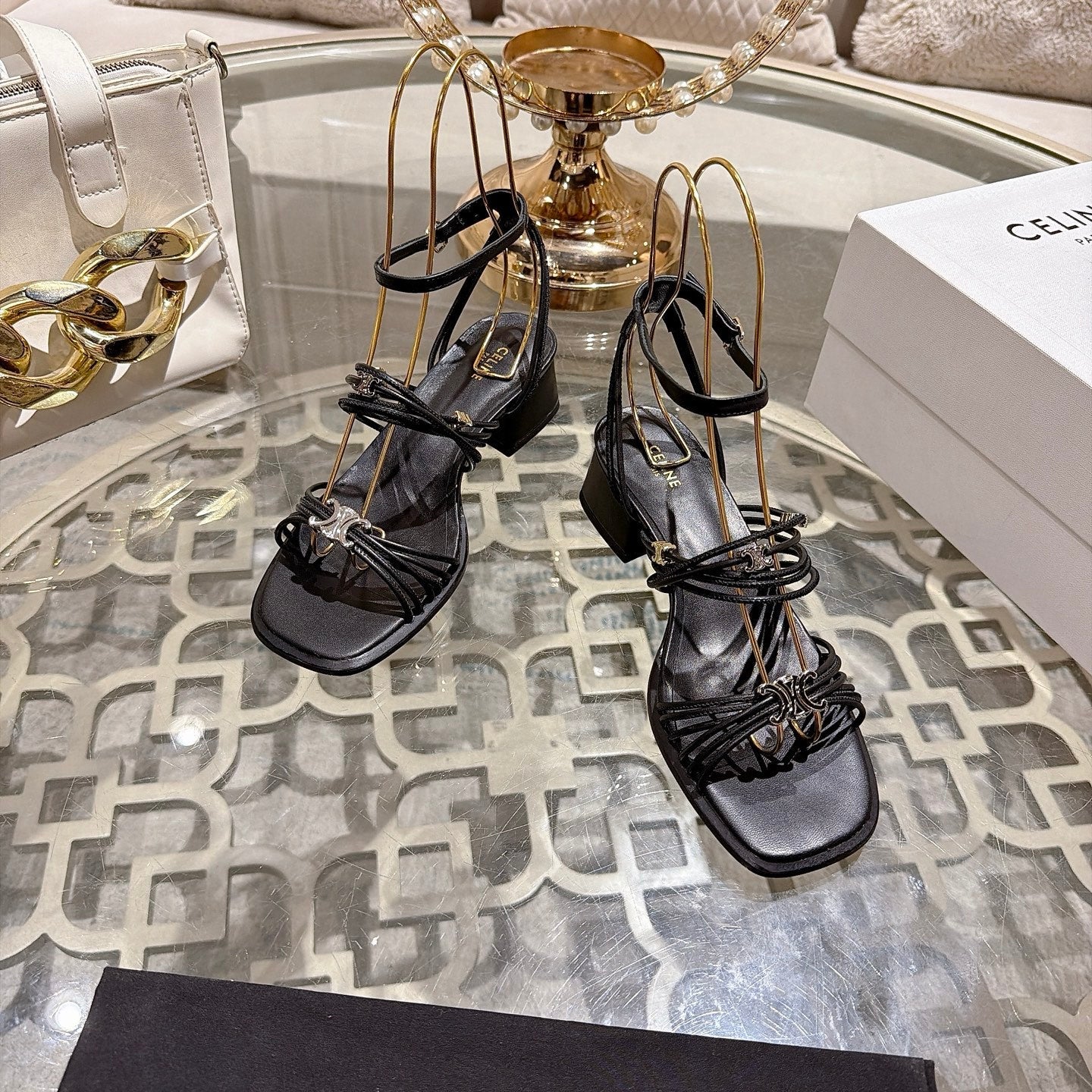 Celine Clémence Heeled Sandal 4cm Black Sheepskin 941494