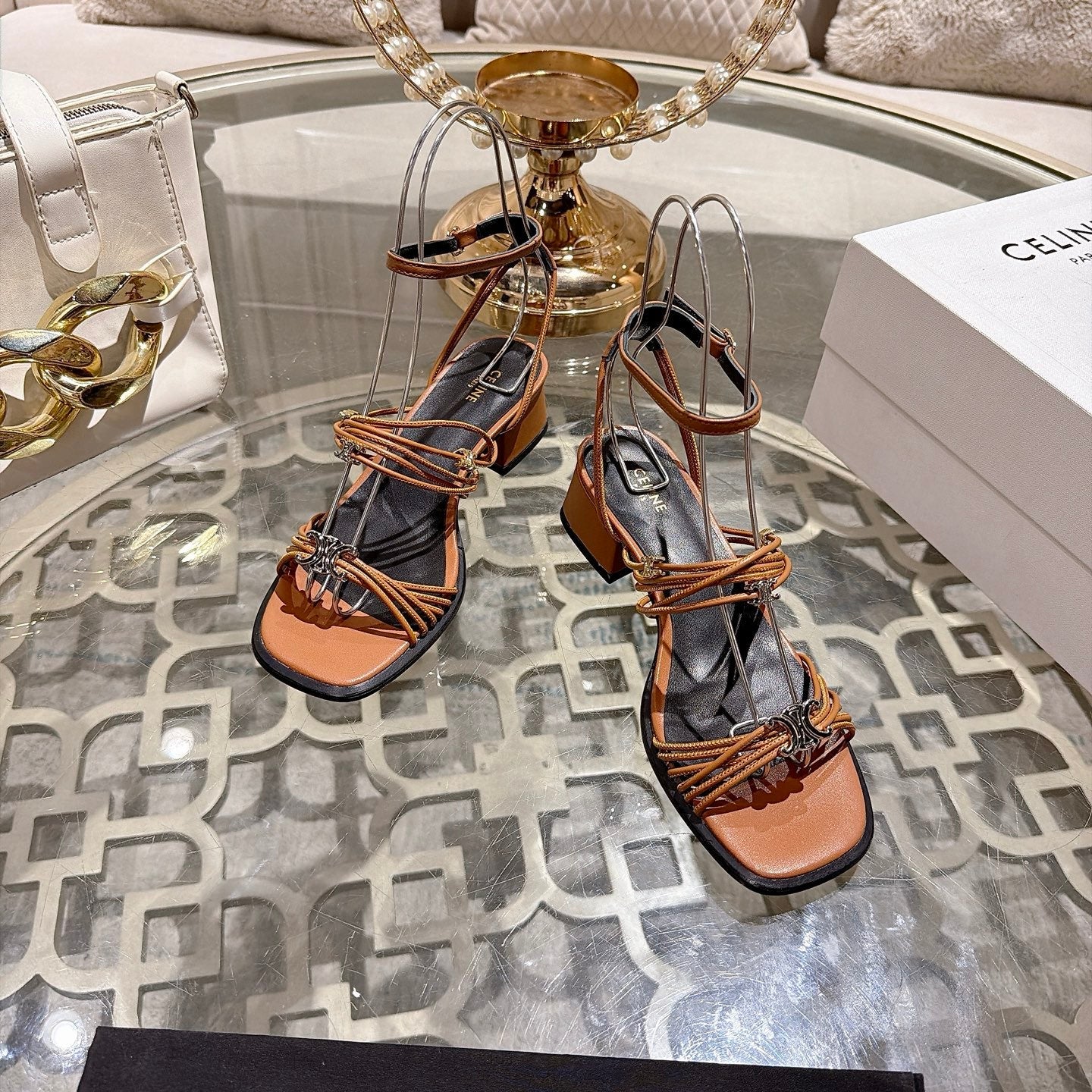 Celine Clémence Heeled Sandal 4cm Brown Sheepskin 941495
