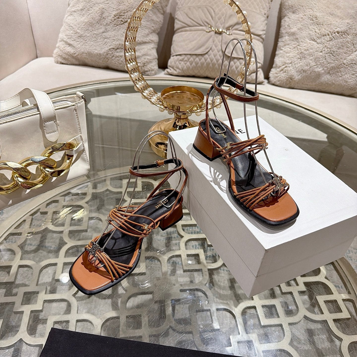 Celine Clémence Heeled Sandal 4cm Brown Sheepskin 941495
