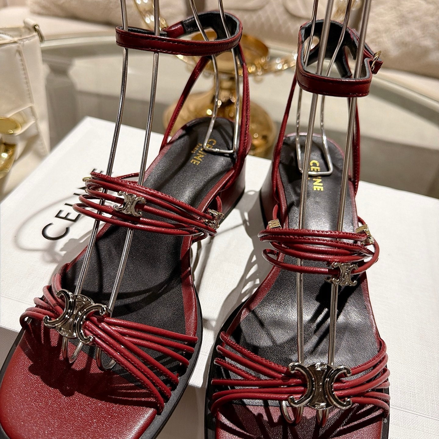 Celine Clémence Heeled Sandal 4cm Burgundy Sheepskin 941496