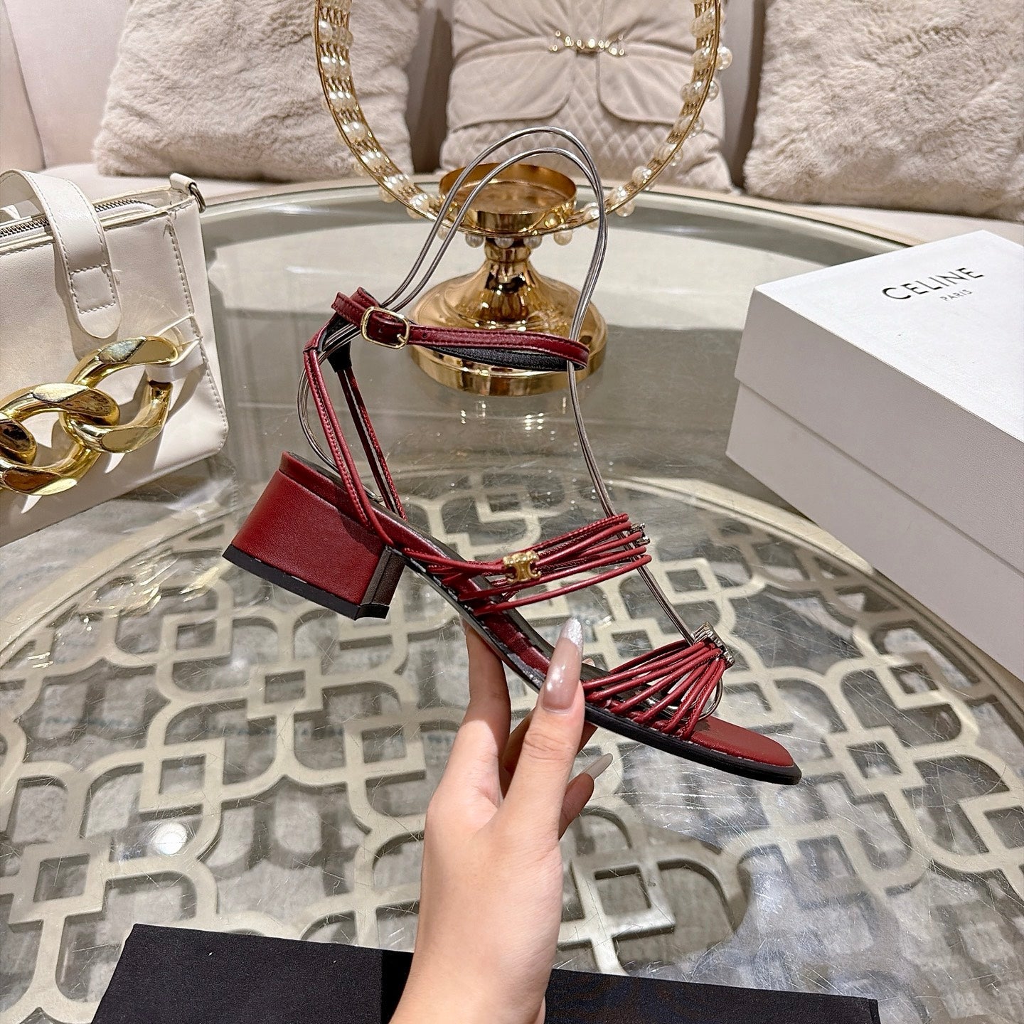 Celine Clémence Heeled Sandal 4cm Burgundy Sheepskin 941496