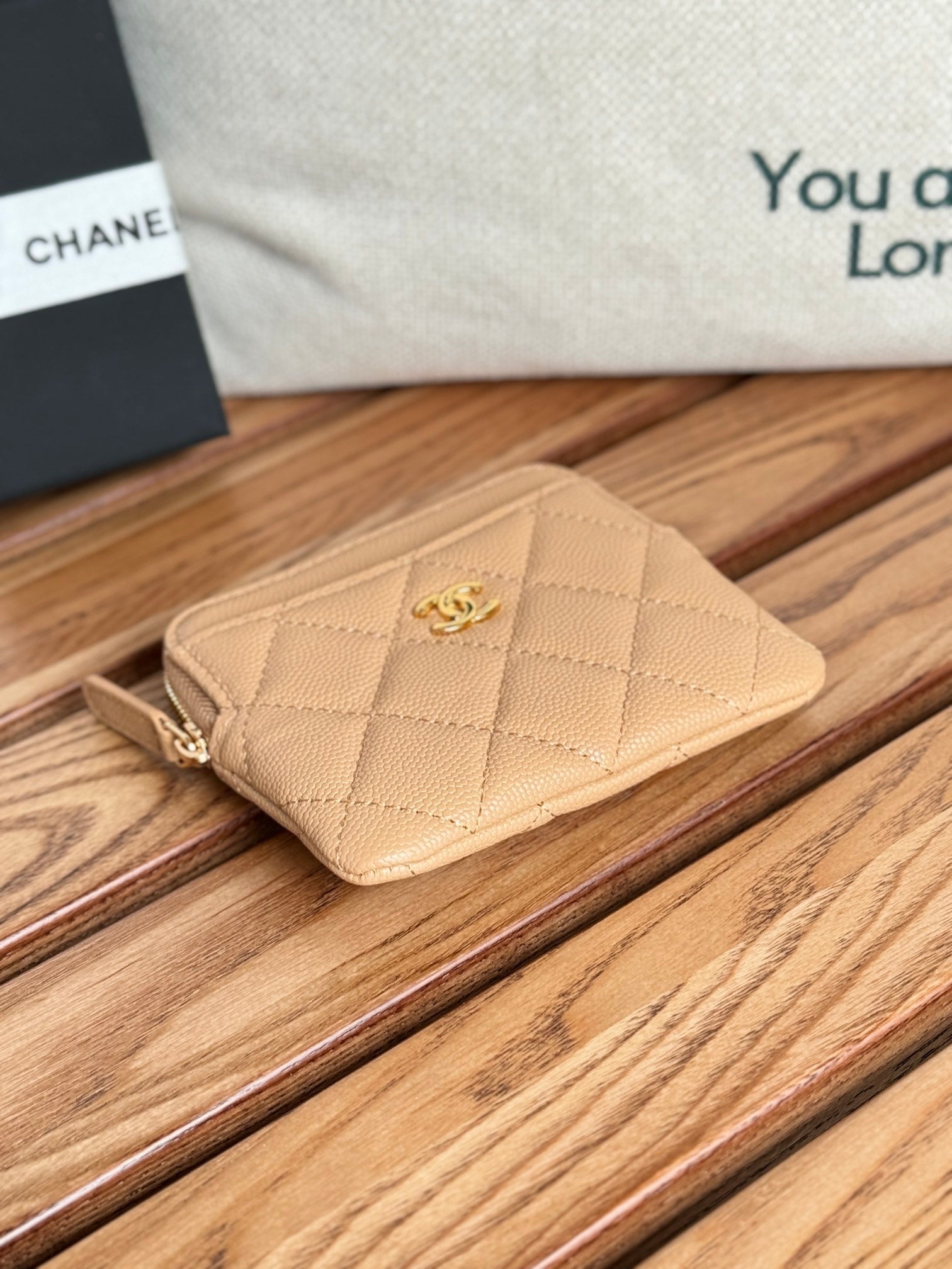 CC Zip Card Holder Wallet Beige Gold Metal Caviar 240603