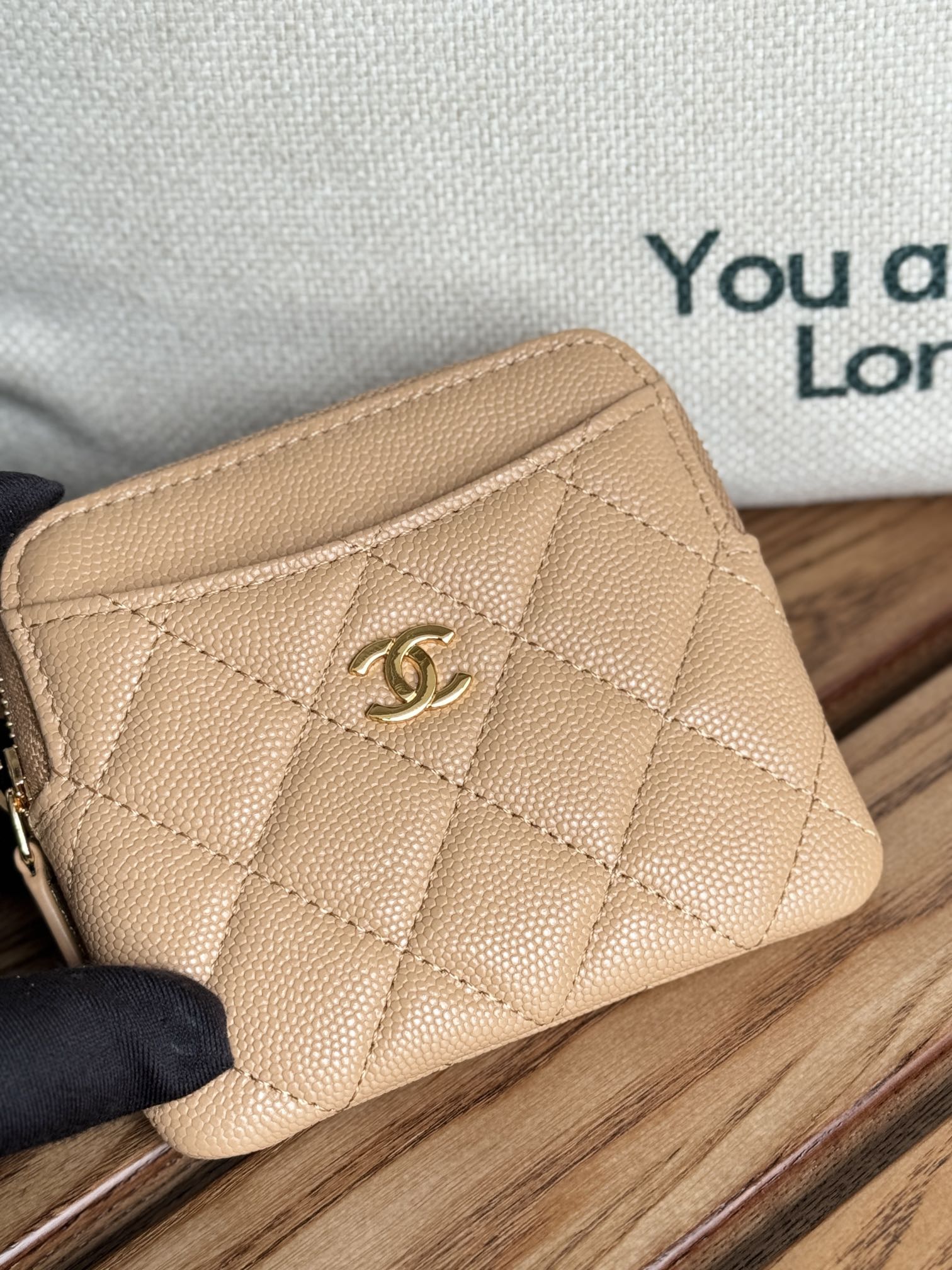 CC Zip Card Holder Wallet Beige Gold Metal Caviar 240603
