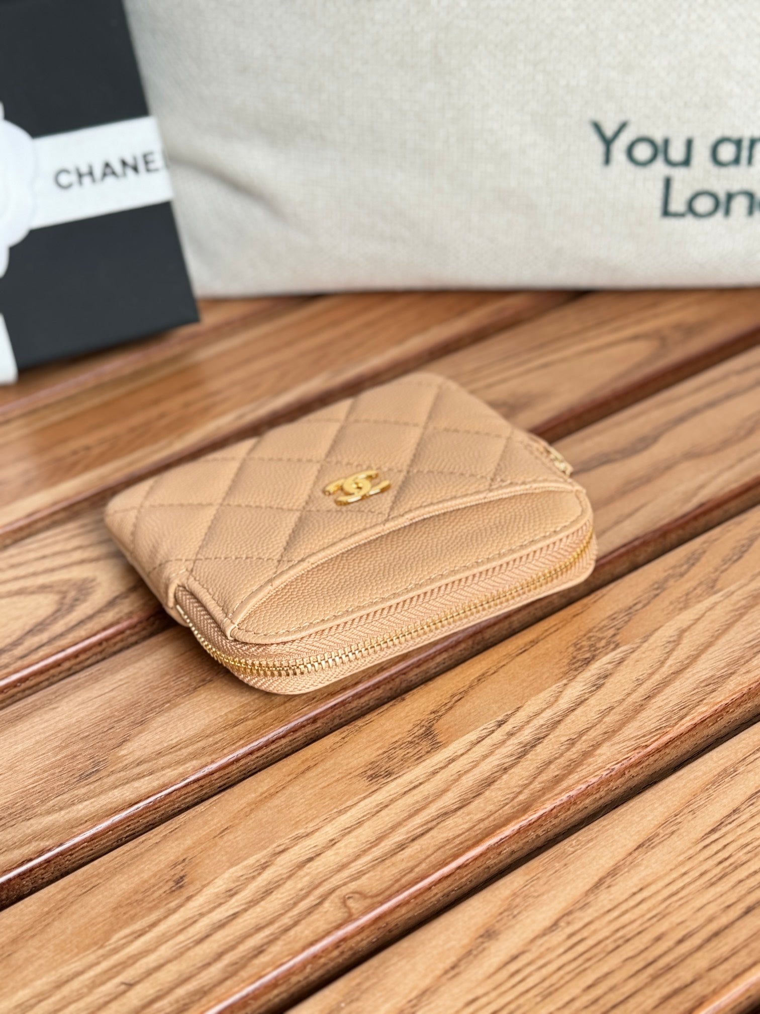 CC Zip Card Holder Wallet Beige Gold Metal Caviar 240603