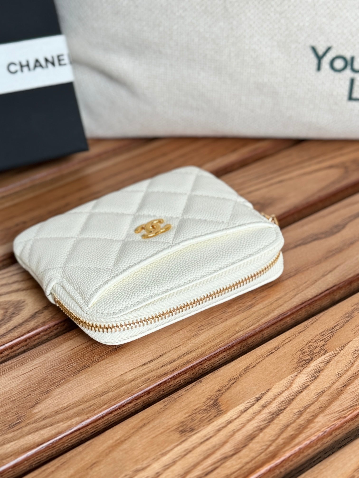 CC Zip Card Holder Wallet White Gold Metal Caviar 240607