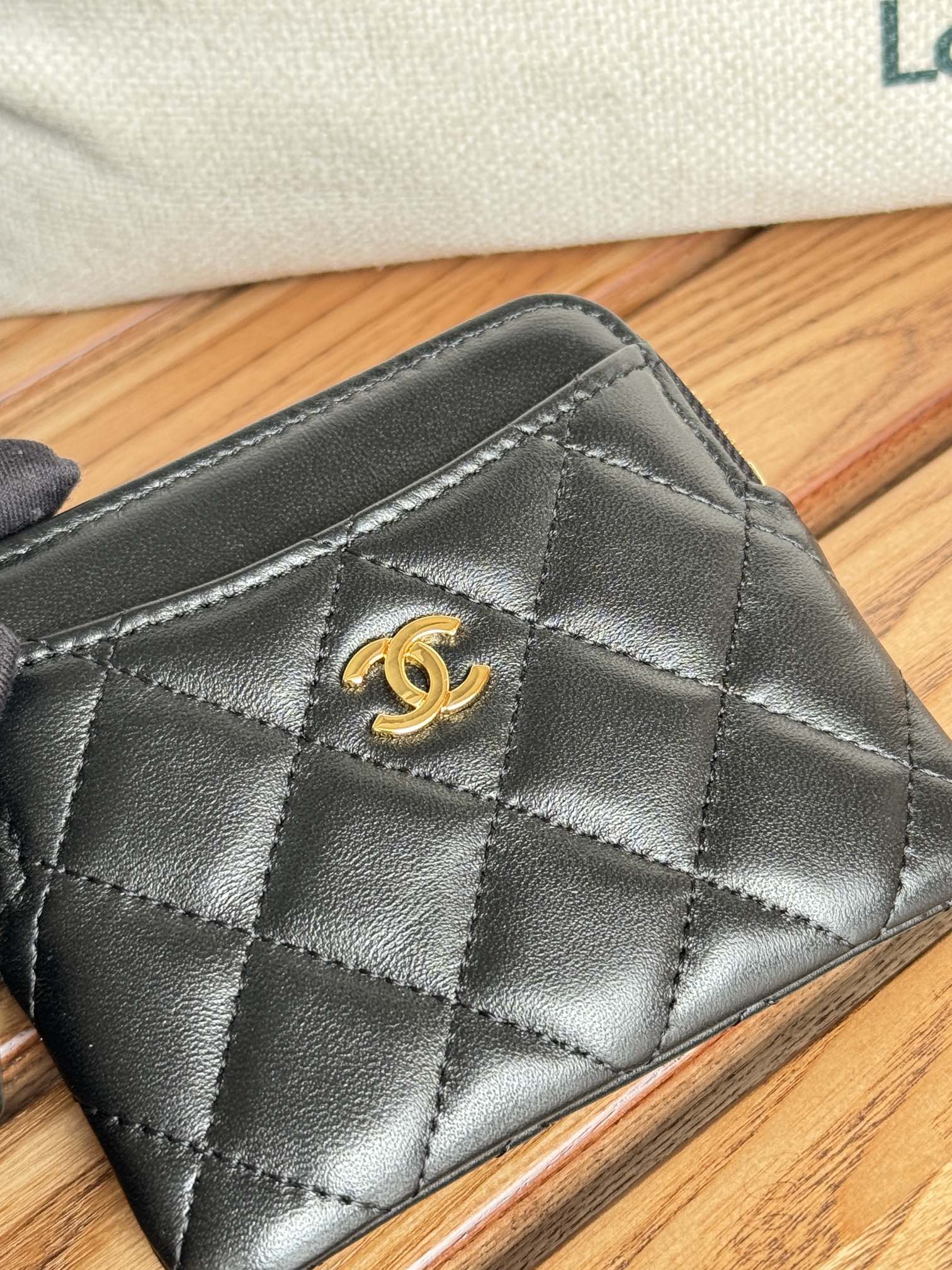 CC Zip Card Holder Wallet Black Gold Metal Lamskin 240617
