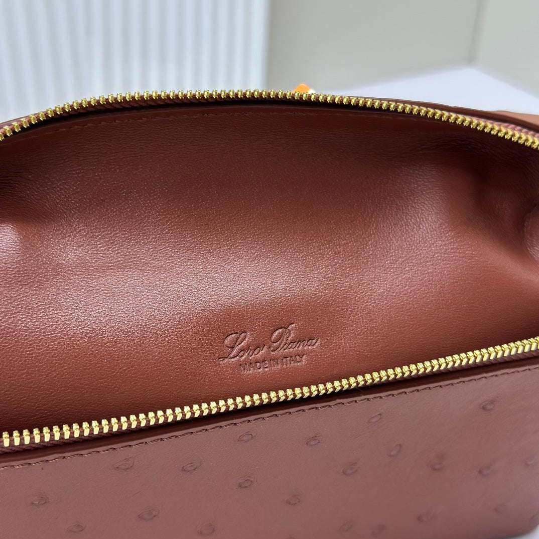 LP Extra Bag 19cm Ostrich Pattern Chestnut Brown Calfskin Gold Hardware
