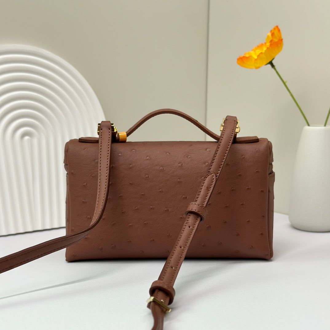 LP Extra Bag 19cm Ostrich Pattern Chestnut Brown Calfskin Gold Hardware