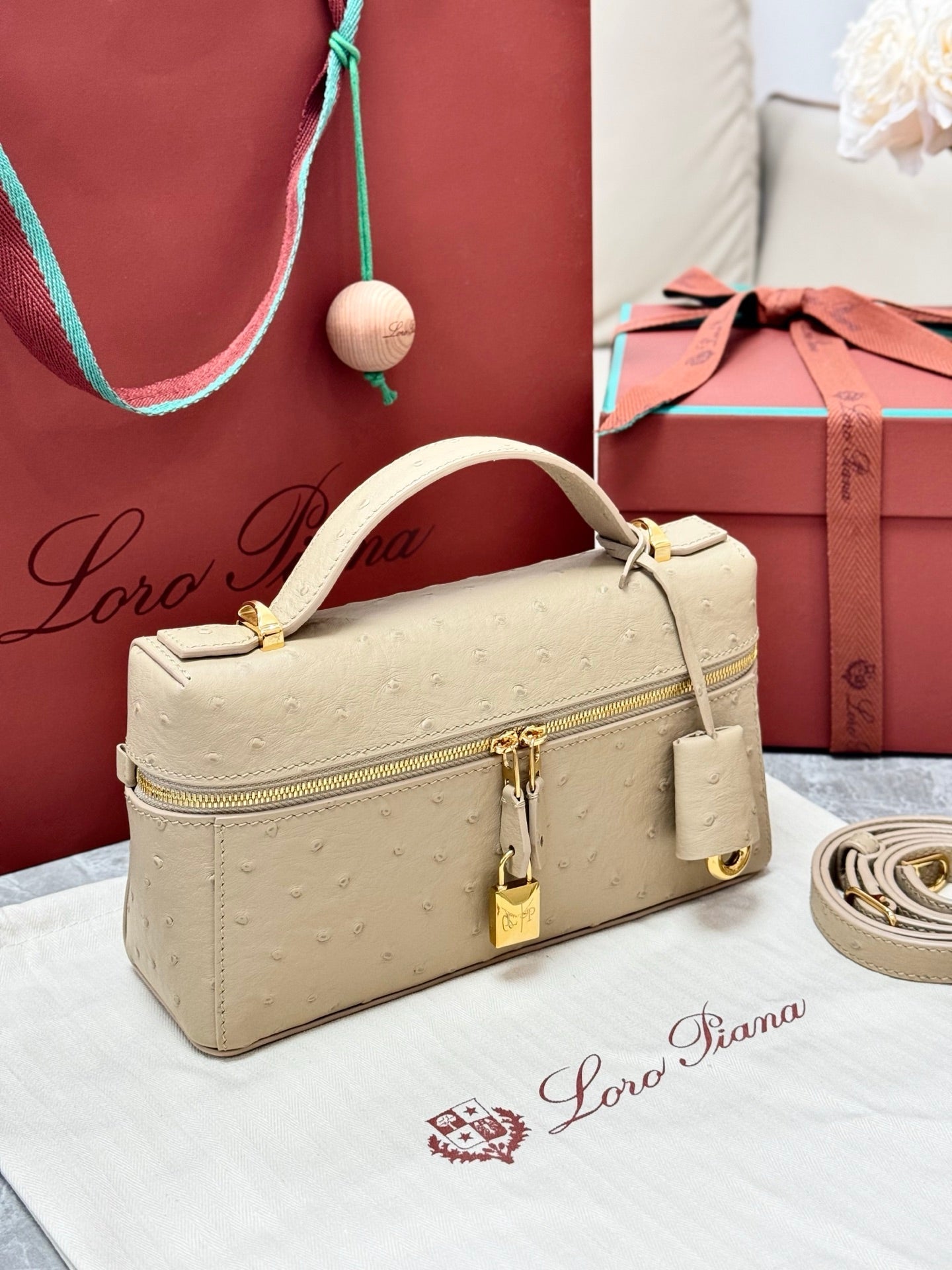 LP Extra Pouch L23 Apricot Ostrich Pattern Leather