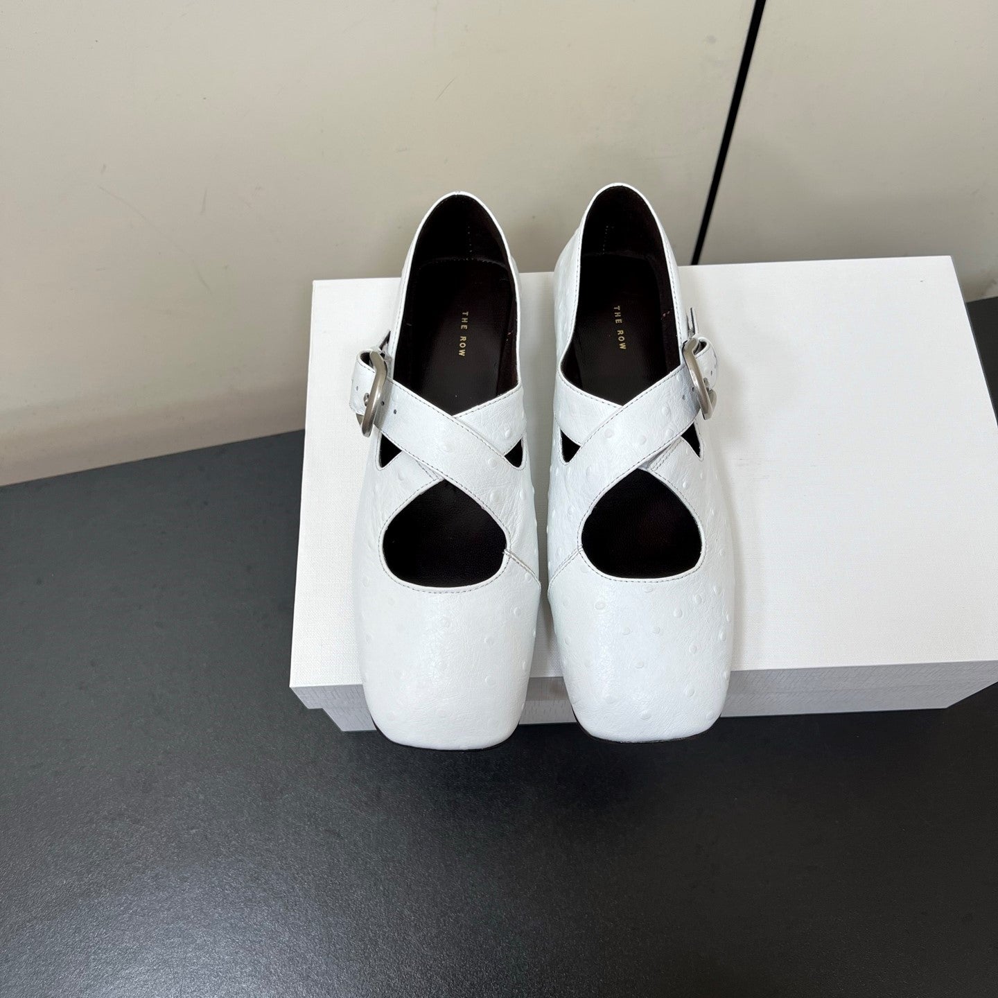 The Row Gaia Criss Mary Jane White Ostrich Leather 340002