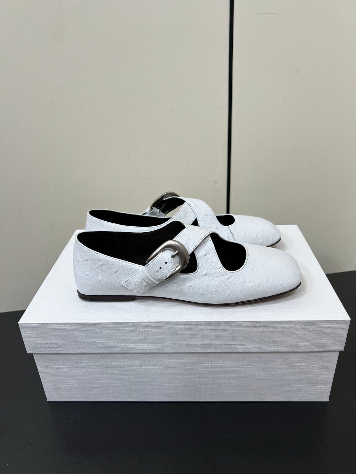 The Row Gaia Criss Mary Jane White Ostrich Leather 340002