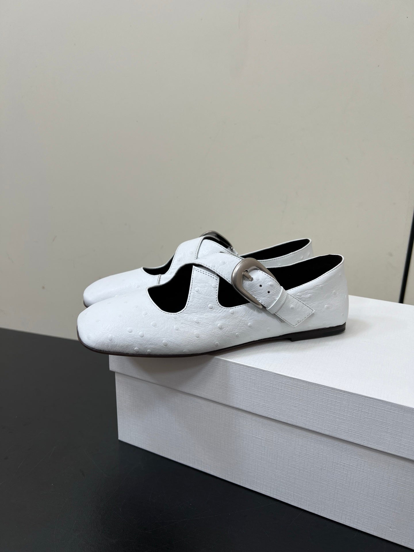 The Row Gaia Criss Mary Jane White Ostrich Leather 340002