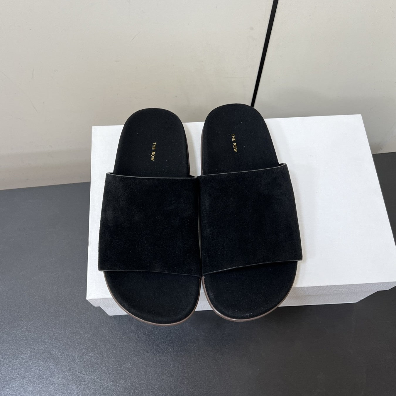 The Row Slippers In Black Suede 340025
