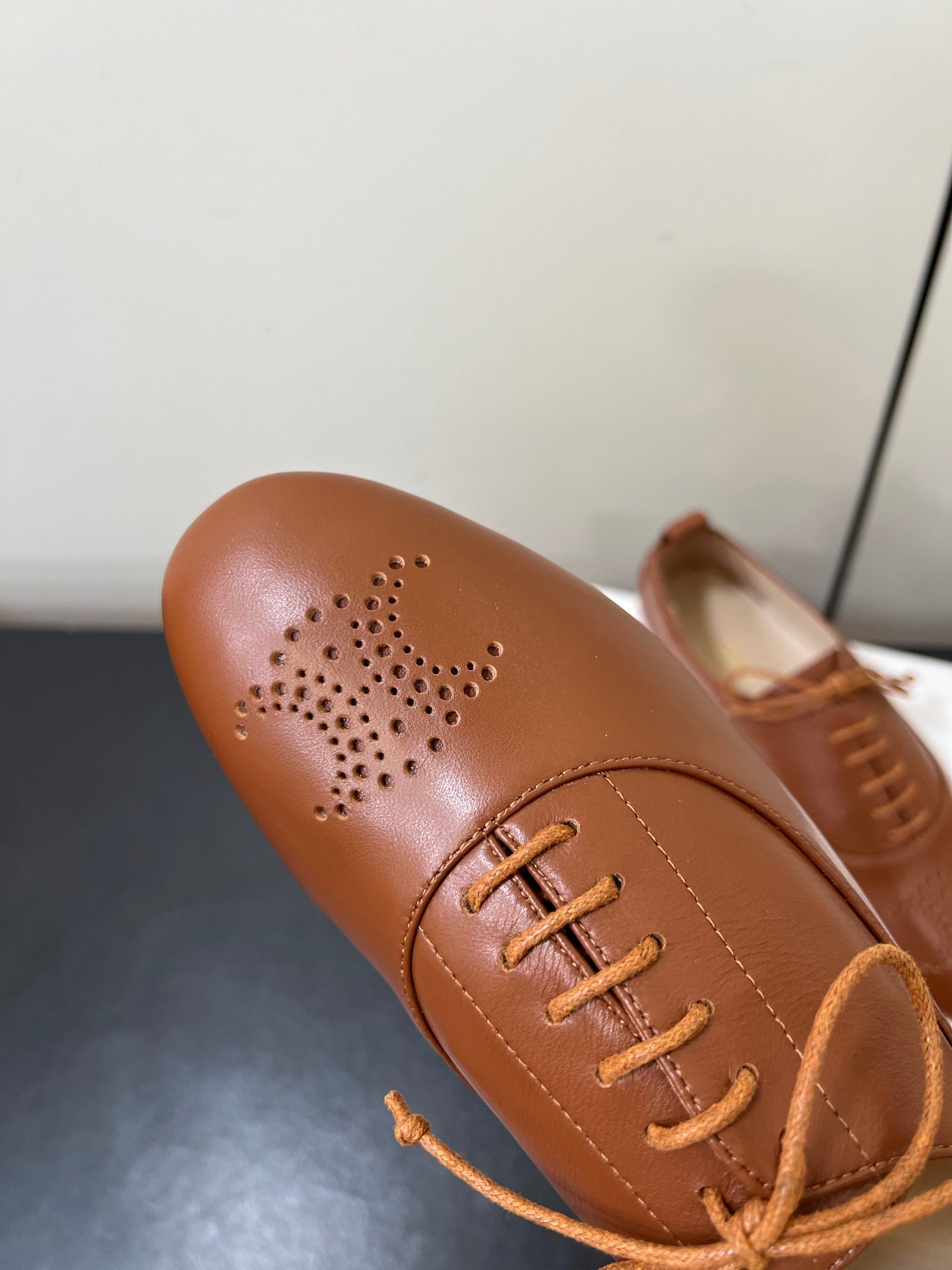 Celine 25 Lise Perforated Triomphe Richelieu Shoe Brown Lambskin 619646
