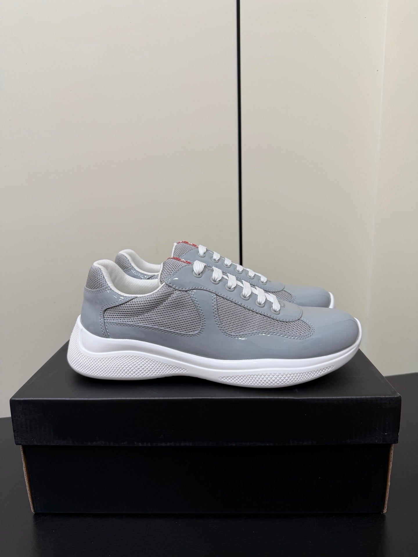 Prada America's Cup Sneaker Grey White Patent Leather Mesh 618927
