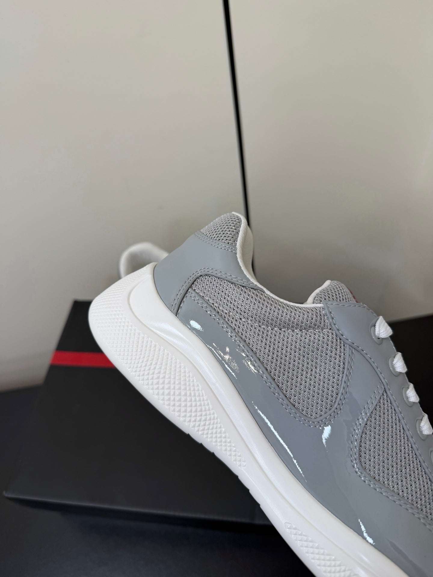 Prada America's Cup Sneaker Grey White Patent Leather Mesh 618927
