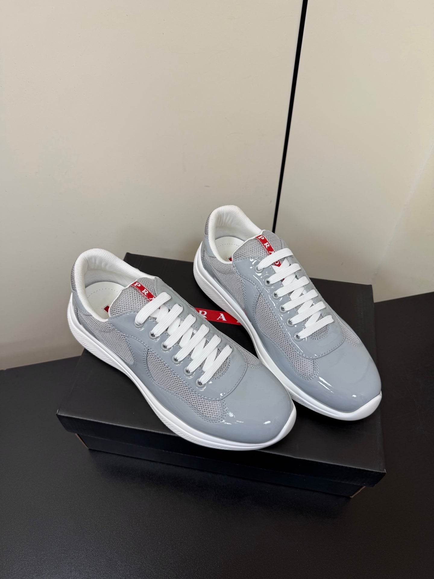 Prada America's Cup Sneaker Grey White Patent Leather Mesh 618927