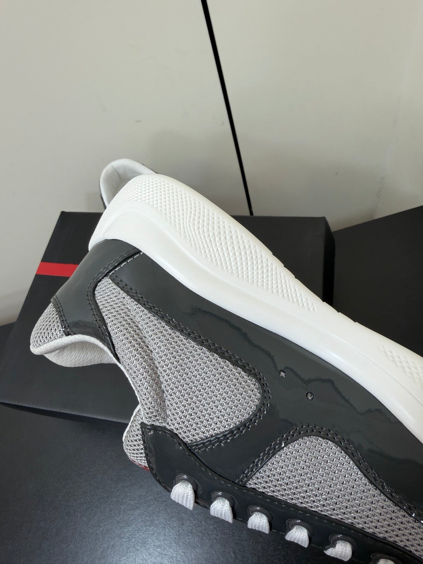 Prada America's Cup Sneaker Dark Grey White Patent Leather Mesh 618928