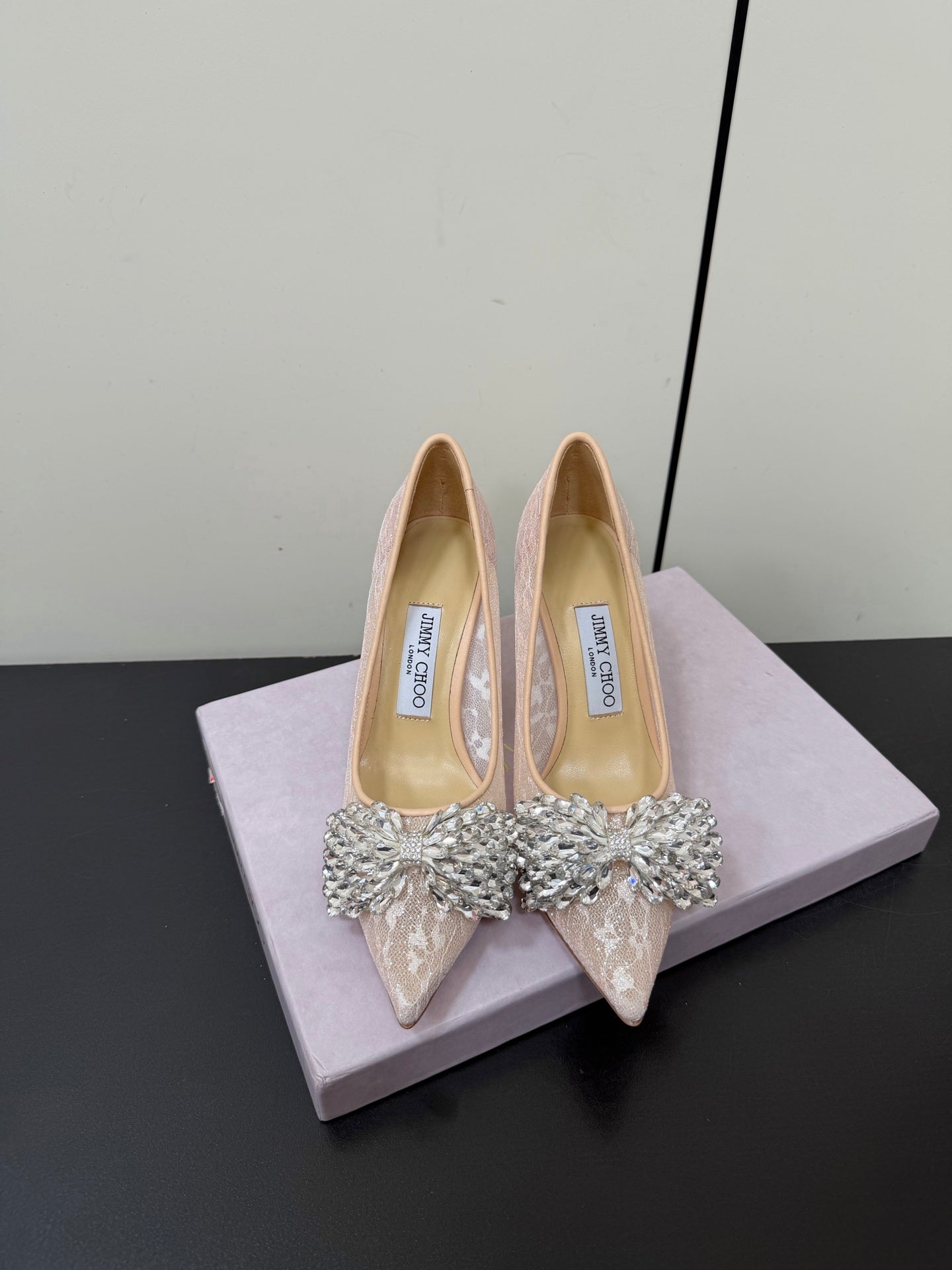 JC Pointed Toe Shoes 8.5cm Rhinestone Bow Single Pink Mesh 618816