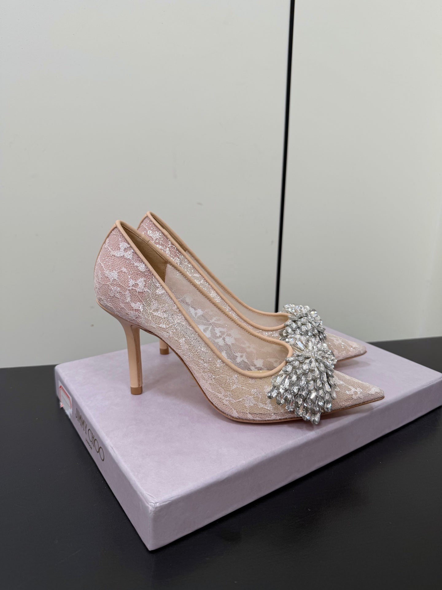 JC Pointed Toe Shoes 8.5cm Rhinestone Bow Single Pink Mesh 618816