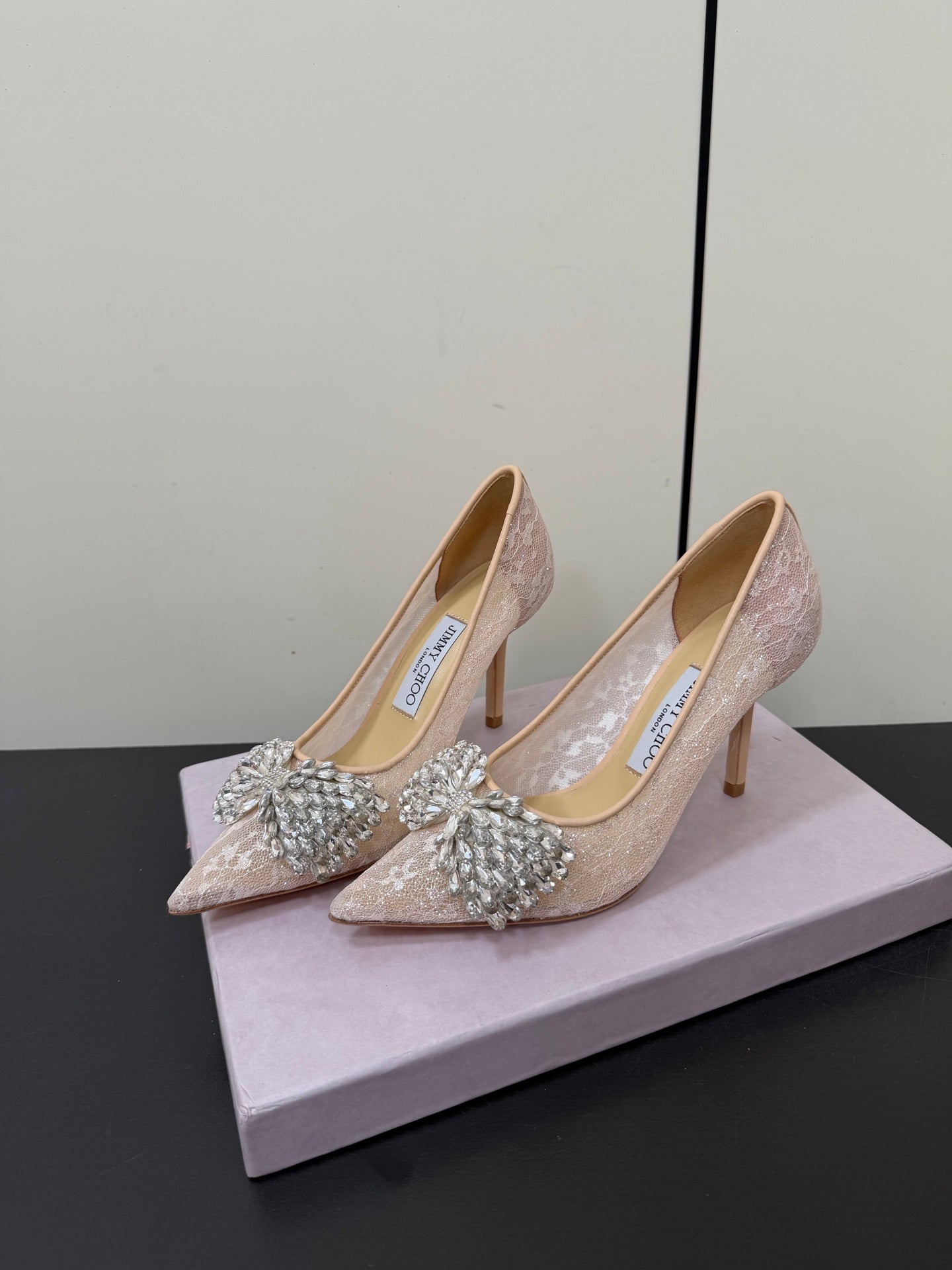 JC Pointed Toe Shoes 8.5cm Rhinestone Bow Single Pink Mesh 618816