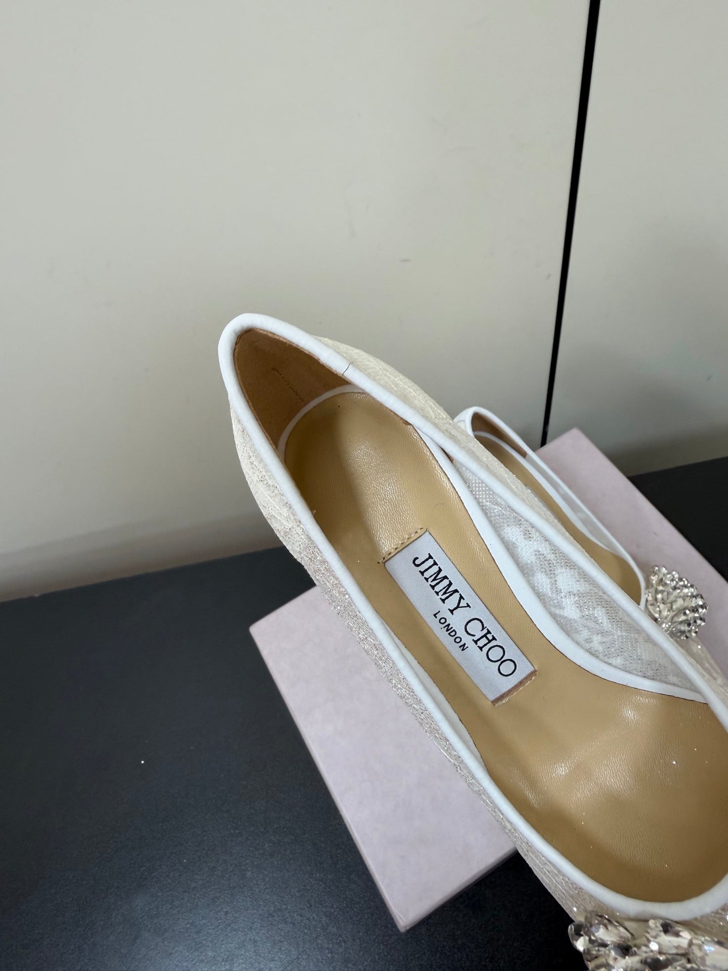 JC Pointed Toe Shoes 8.5cm Rhinestone Bow Single White Mesh 618817