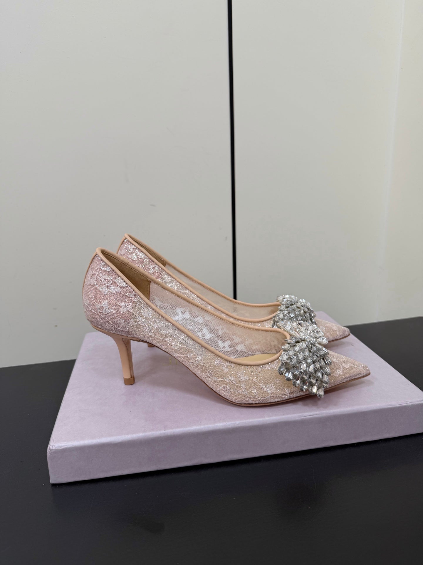 JC Pointed Toe Shoes 6.5cm Rhinestone Bow Single Pink Mesh 618818