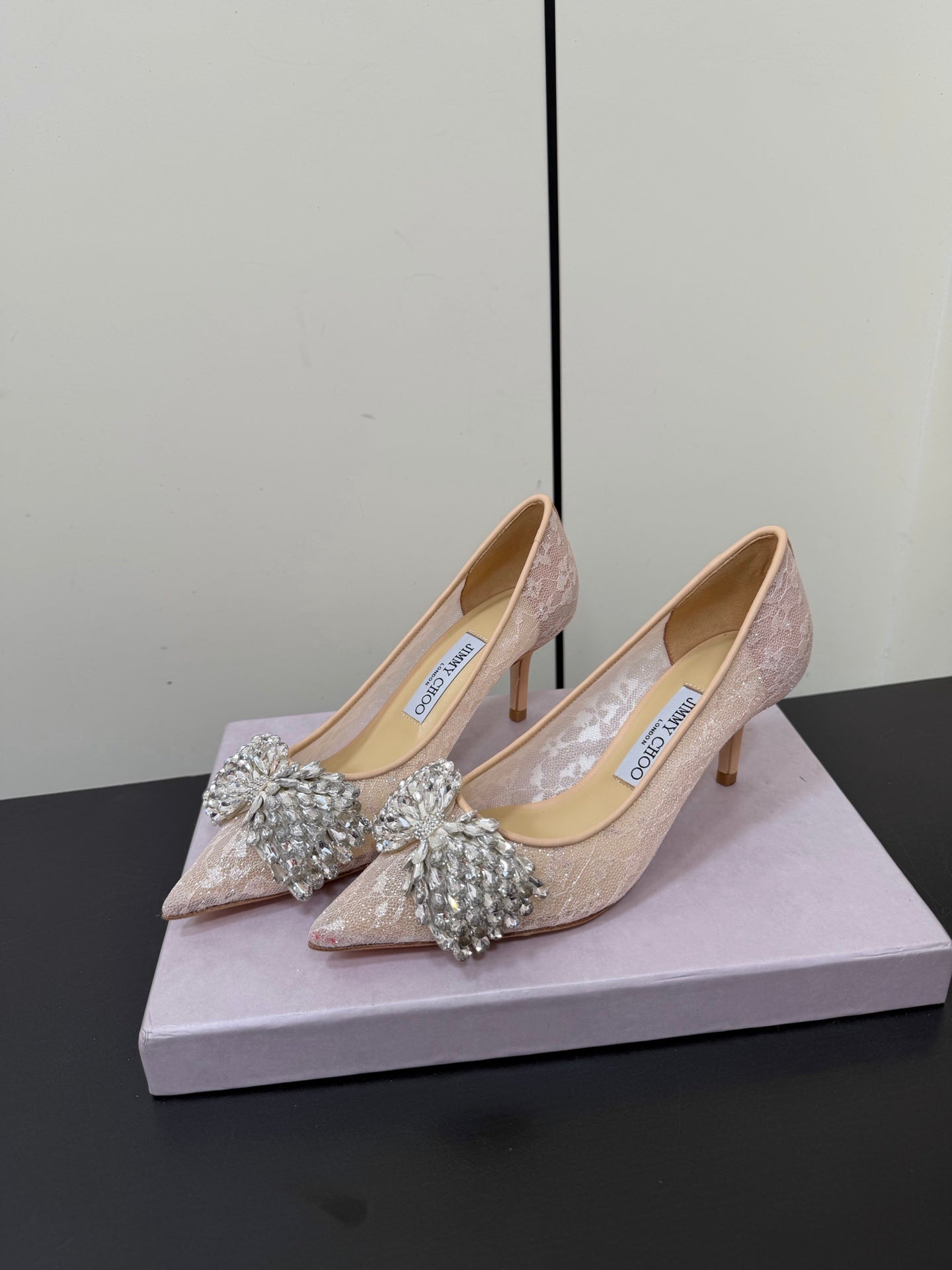 JC Pointed Toe Shoes 6.5cm Rhinestone Bow Single Pink Mesh 618818