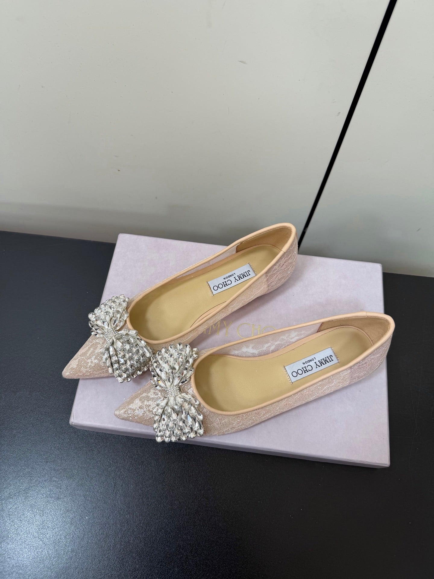 JC Pointed Toe Shoes Rhinestone Bow Single Pink Mesh 618820