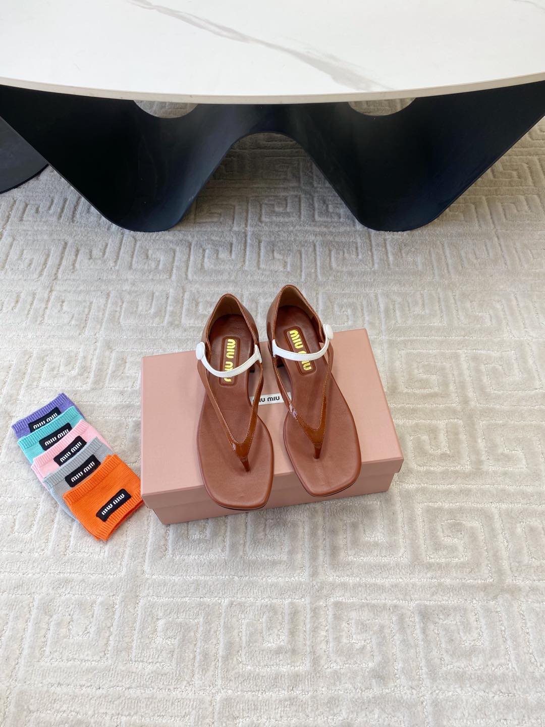 Miu High Heel Thong Sandals In Smoky Umber Glossy Sheepskin