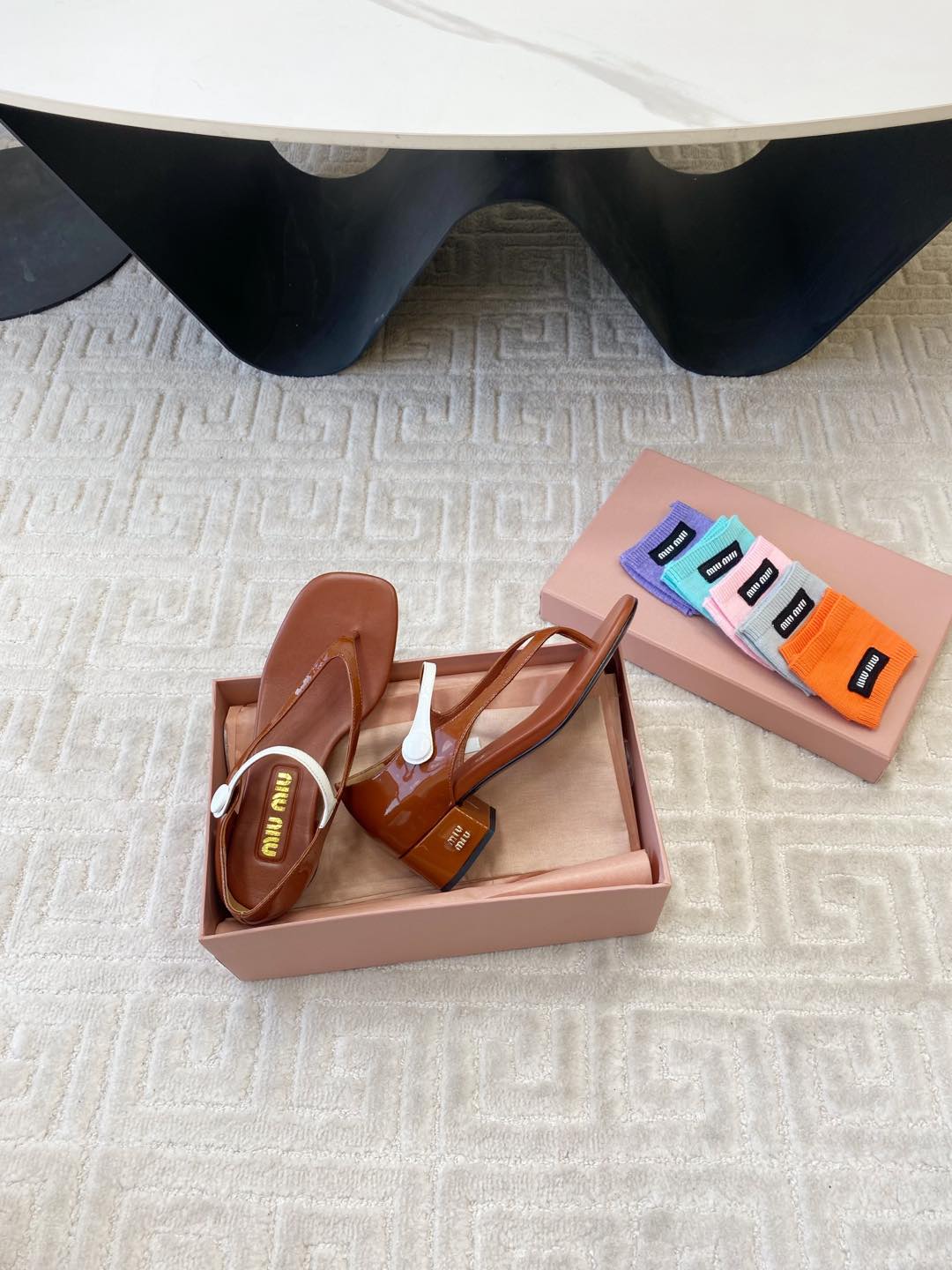Miu High Heel Thong Sandals In Smoky Umber Glossy Sheepskin