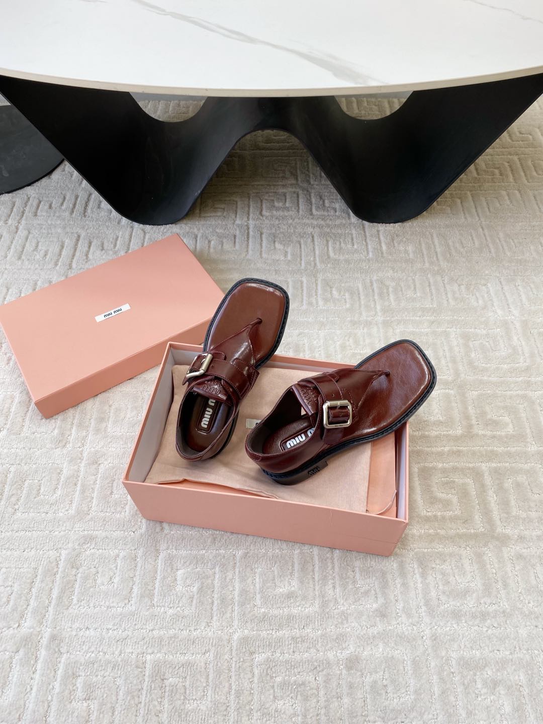 Miu Thong Sandals In Sienna Brown Shiny Lambskin With Silver Buckle